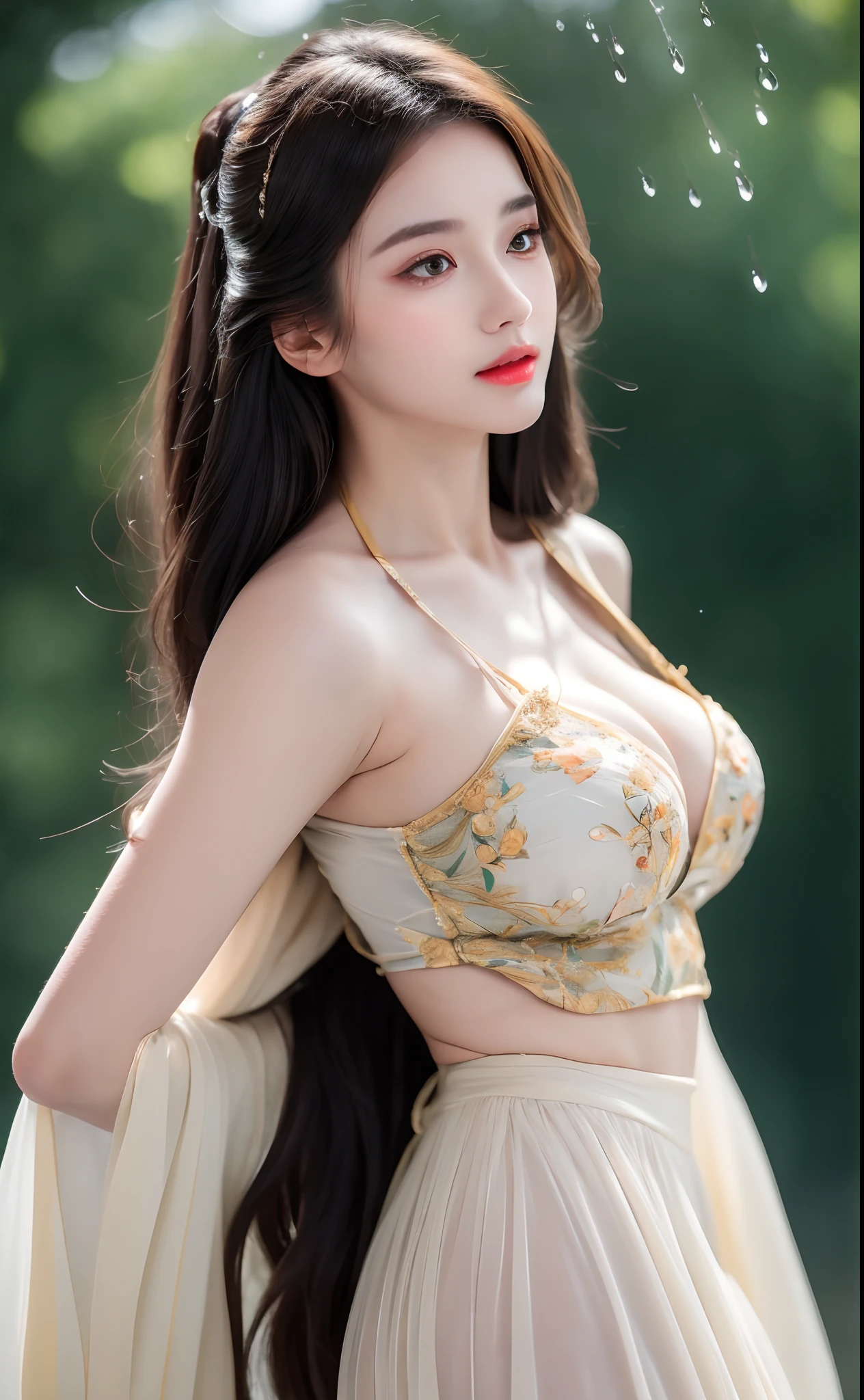 ((Best Quality, 8k, Masterpiece: 1.3)), Focus: 1.2, Perfect Body Beauty: 1.4, Buttocks: 1.2, ((Layered Haircut)), (Wet Clothes: 1.1), (Rain, Street:1.3), (Breasts: 1.2), (Hanfu: 1.2), Bare Shoulders, Bare Legs, Highly Detailed Face and Skin Texture, Fine Eyes, Double Eyelids, Whitened Skin, Long Hair, (Shut Up: 1.5), (Bokeh Background: 1.5), Big Breasts