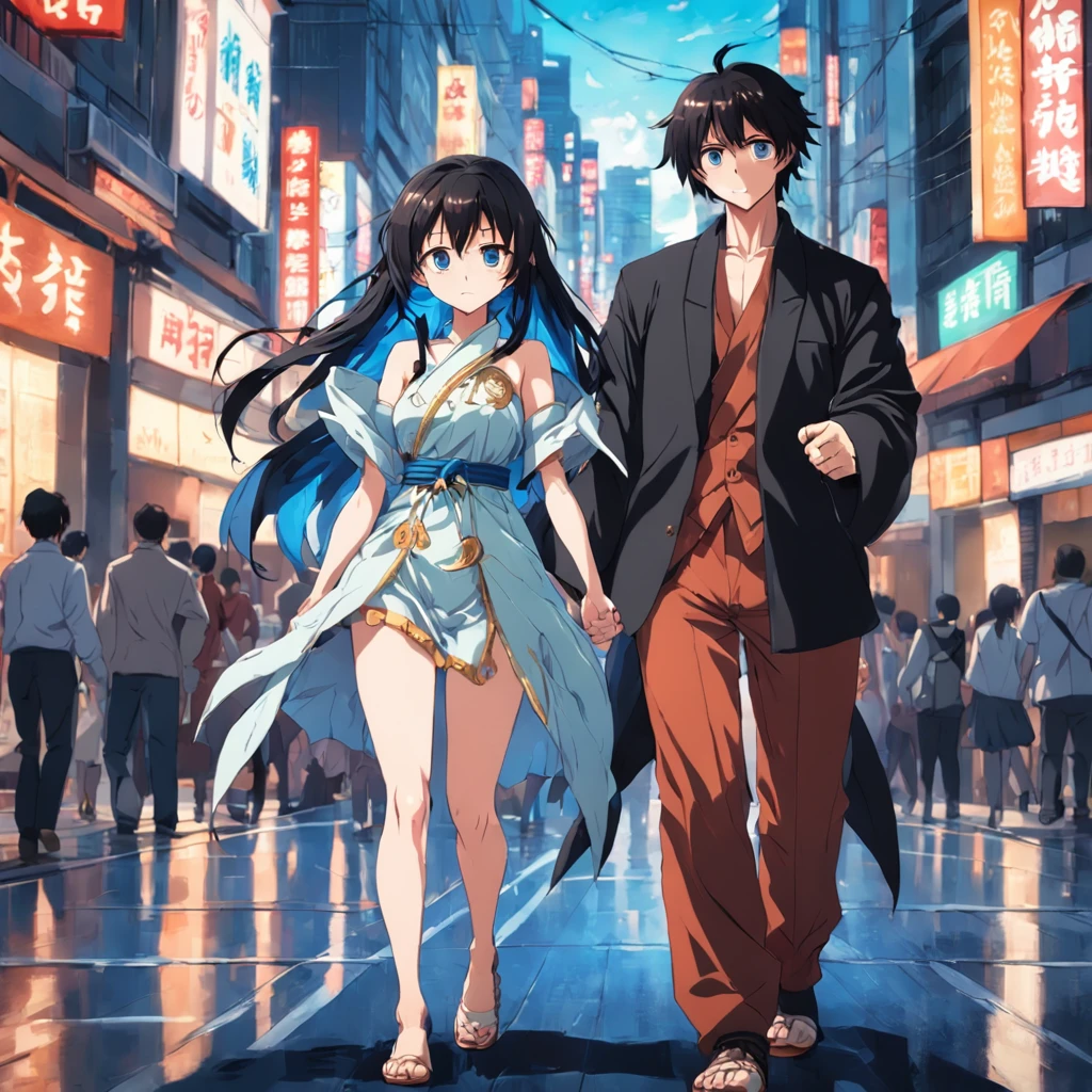 Two Men Walking On the Street Of Tokyo, One Woman、having fun, Blue eyes with one black hair, Second Brown Longhair Green Eyes、Sexy costume