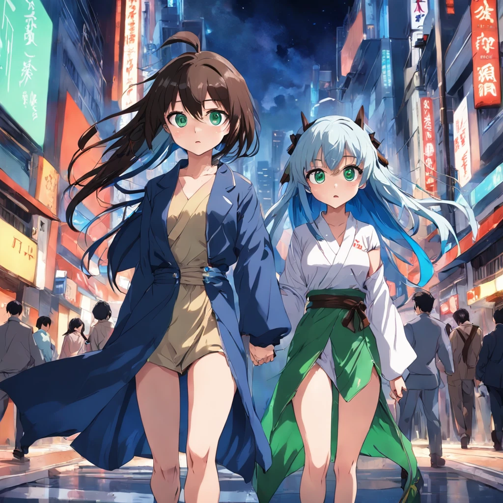 Two Men Walking On the Street Of Tokyo, One Woman、having fun, Blue eyes with one black hair, Second Brown Longhair Green Eyes、Sexy costume
