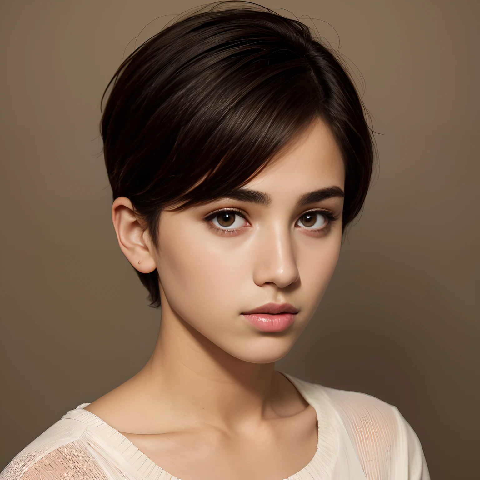 Beautiful cute androgynous short hair arab boy face portrait. Masterpiece. Big lips. Perfect face
