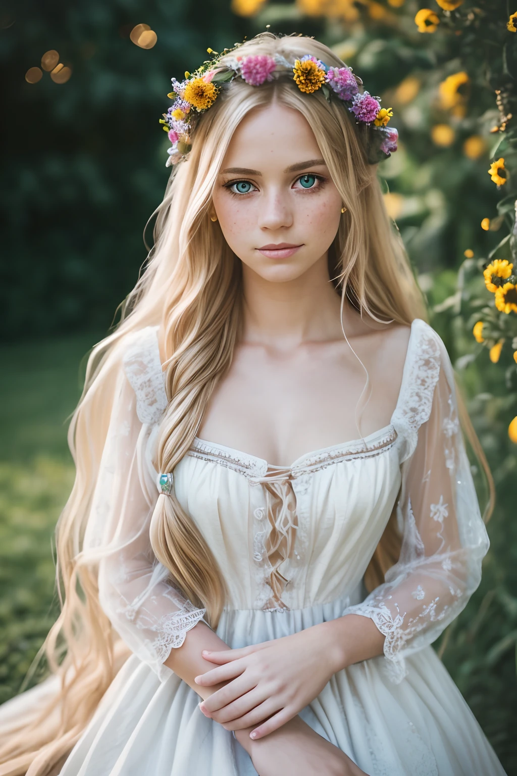 Details and realistic portrait of Rapunzel maid，There are several freckles, Long messy blonde hair, Colorful and charming eyes, Dark fluffy dress, Soft natural lighting, Portrait photography, magical photography, Dramatic lighting, Photo realism, Ultra-detailed, Intimate portrait composition, flowers in the background, Leica 50mm, F1. 4,