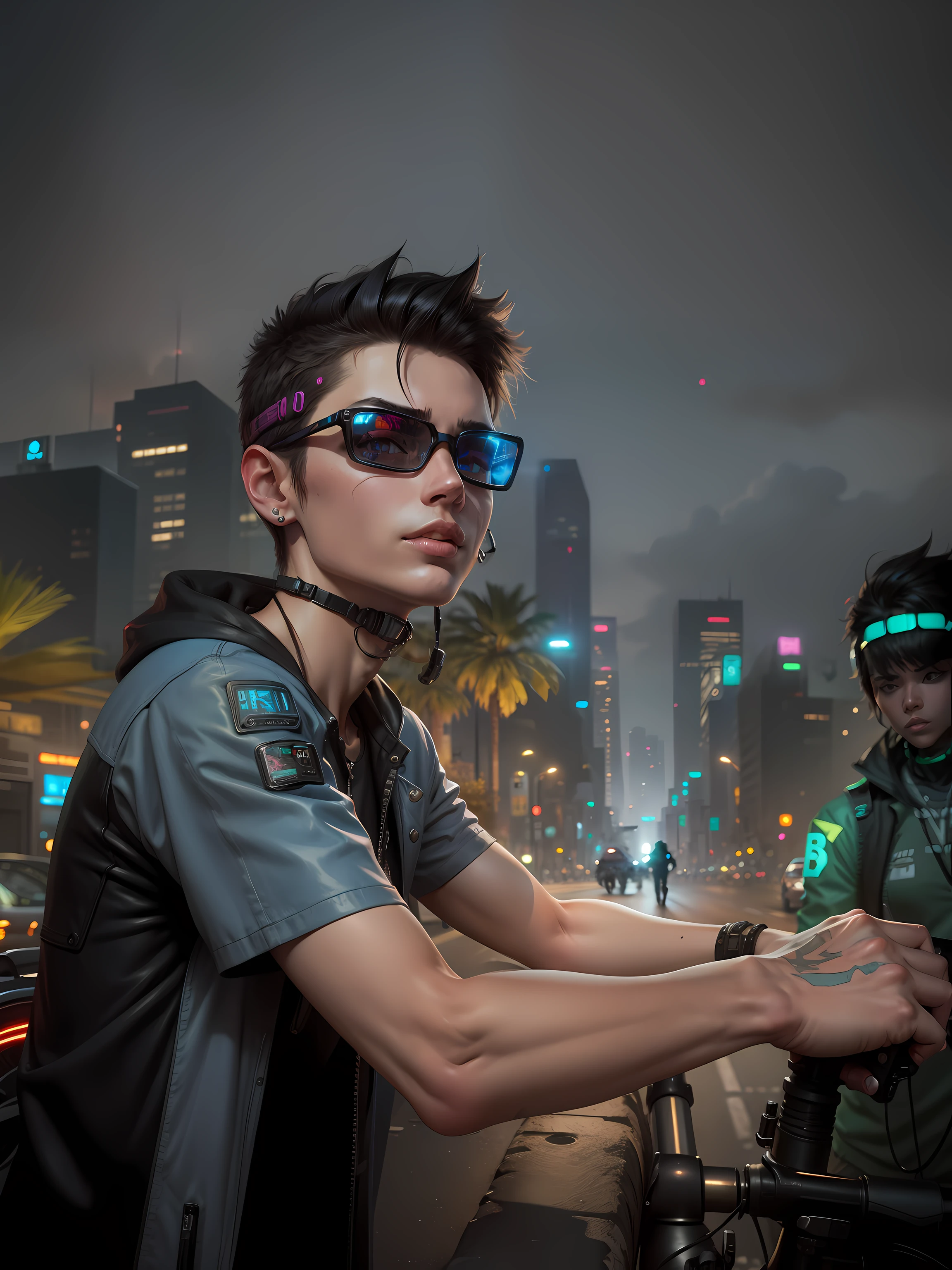 cyberpunk Smartboy with A Futurstick Bike And A Girl