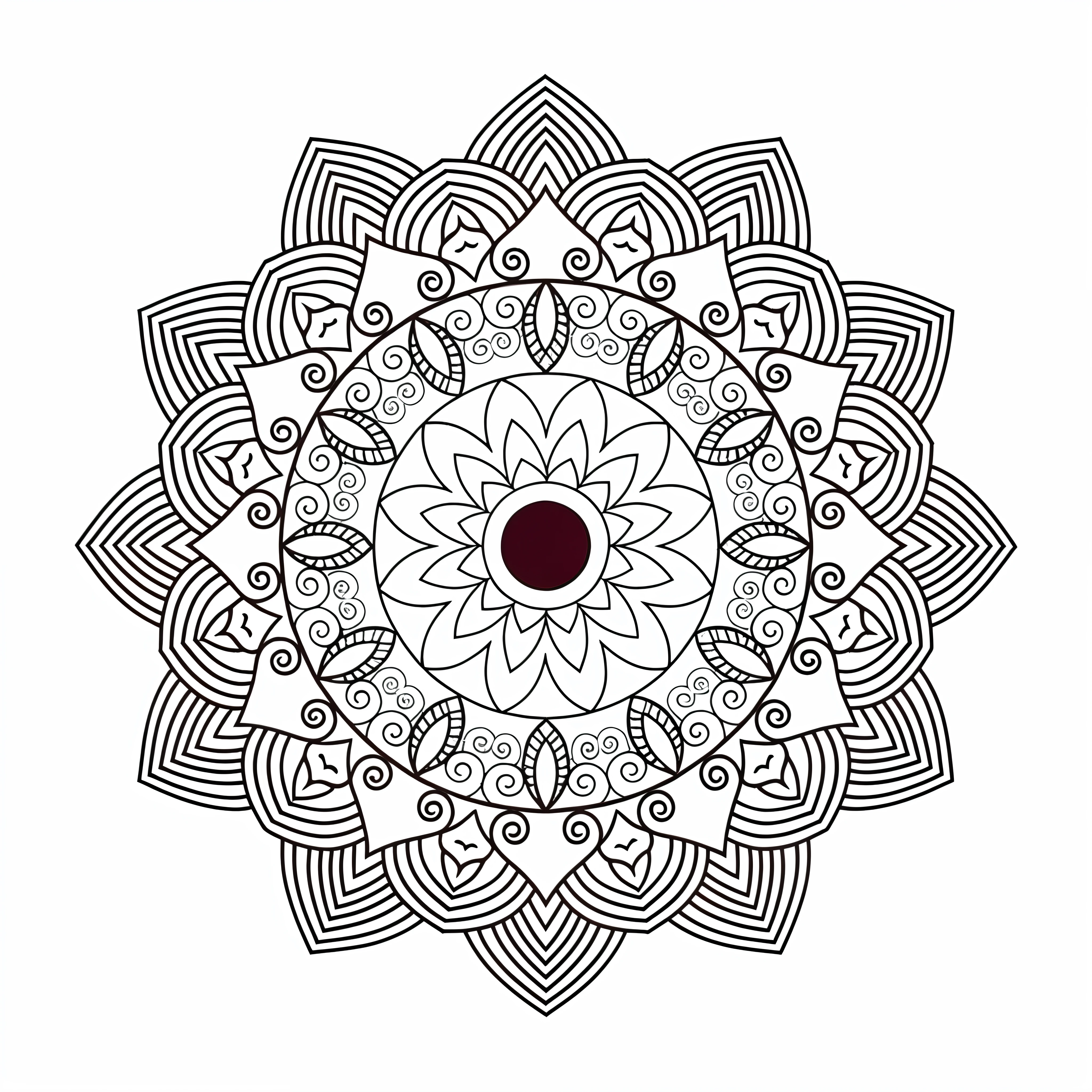 a black and white drawing of a flower with a red center, a beautiful buddhist mandala, mandala, mandala ornament, mandala art, lotus mandala, symmetric indian pattern, with symmetry intricate detailed, monochrome and red color bleed, white background and fill, centered and symmetrical, symmetrical and intricate, intricate details illustration, centered in picture, symmetrical sticker design