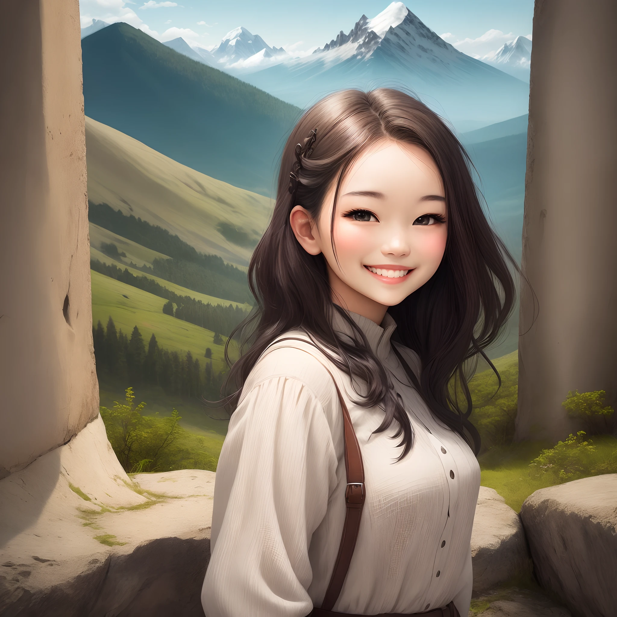 a beautiful girl-background mountain- smile face