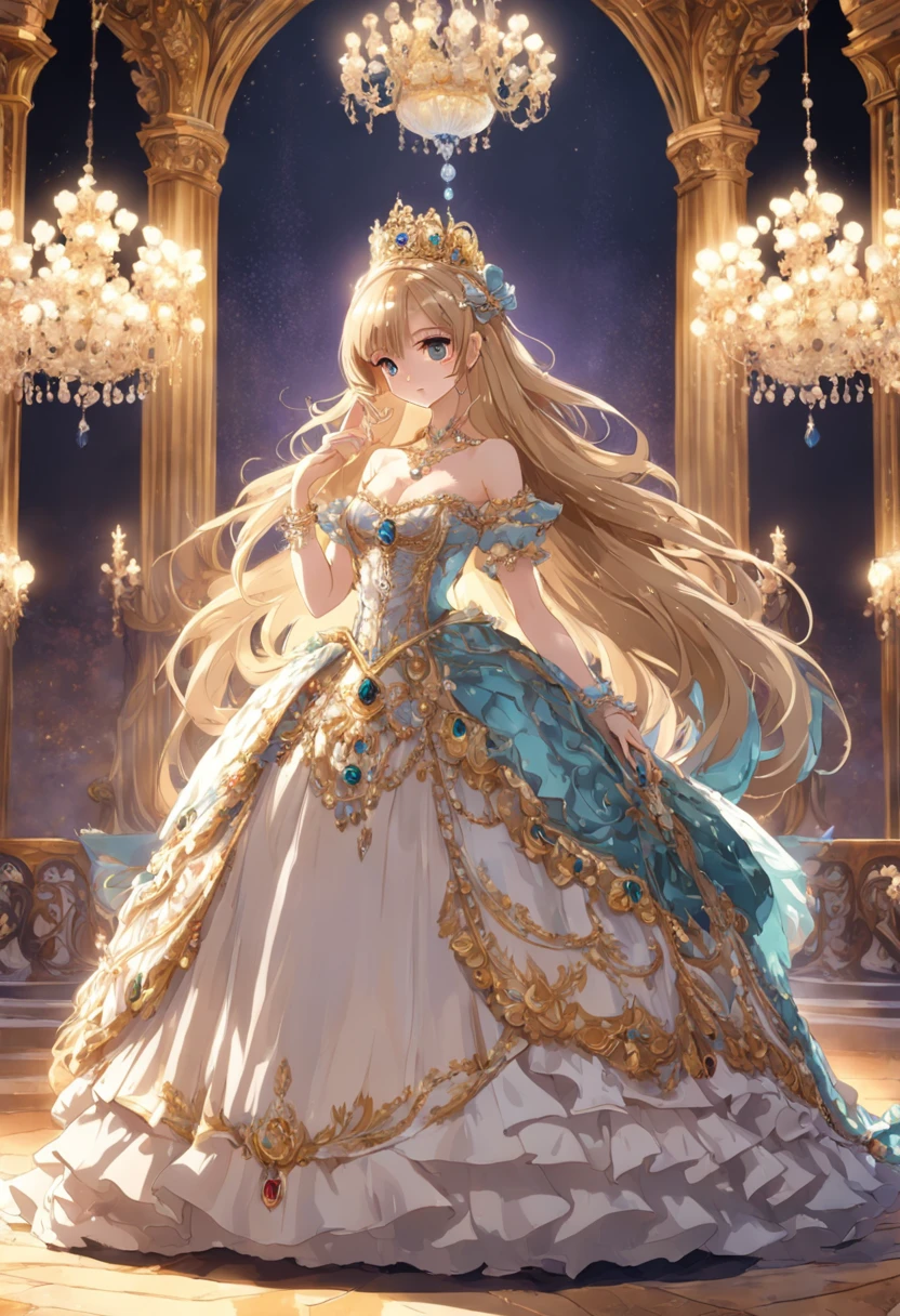 ((anime artstyle)),(Masterpiece),(Best Quality),(Super Detail),(Very Delicate and Beautiful),Solo,((full body,standing pose)),standing in the royal palace,((1 queen in jeweled gorgeous rococo ballgown with voluminous full length hoop skirt)),(crinoline),gorgeousfull embroidery,(gorgeous gemstone jewelry),(detailed face and eyes),jewel-like eyes,((large amount of straight hair,extremely Long voluminous Hair)),((gigantic tits,Long tits,skindentation)),gorgeousfull embroidery,cleavage,extremely gorgeousfull hair ornament,(bling-bling extremely gorgeousfull jeweled tiara),gorgeous corsage,(Dynamic Angle),Looking at viewer,((full body))