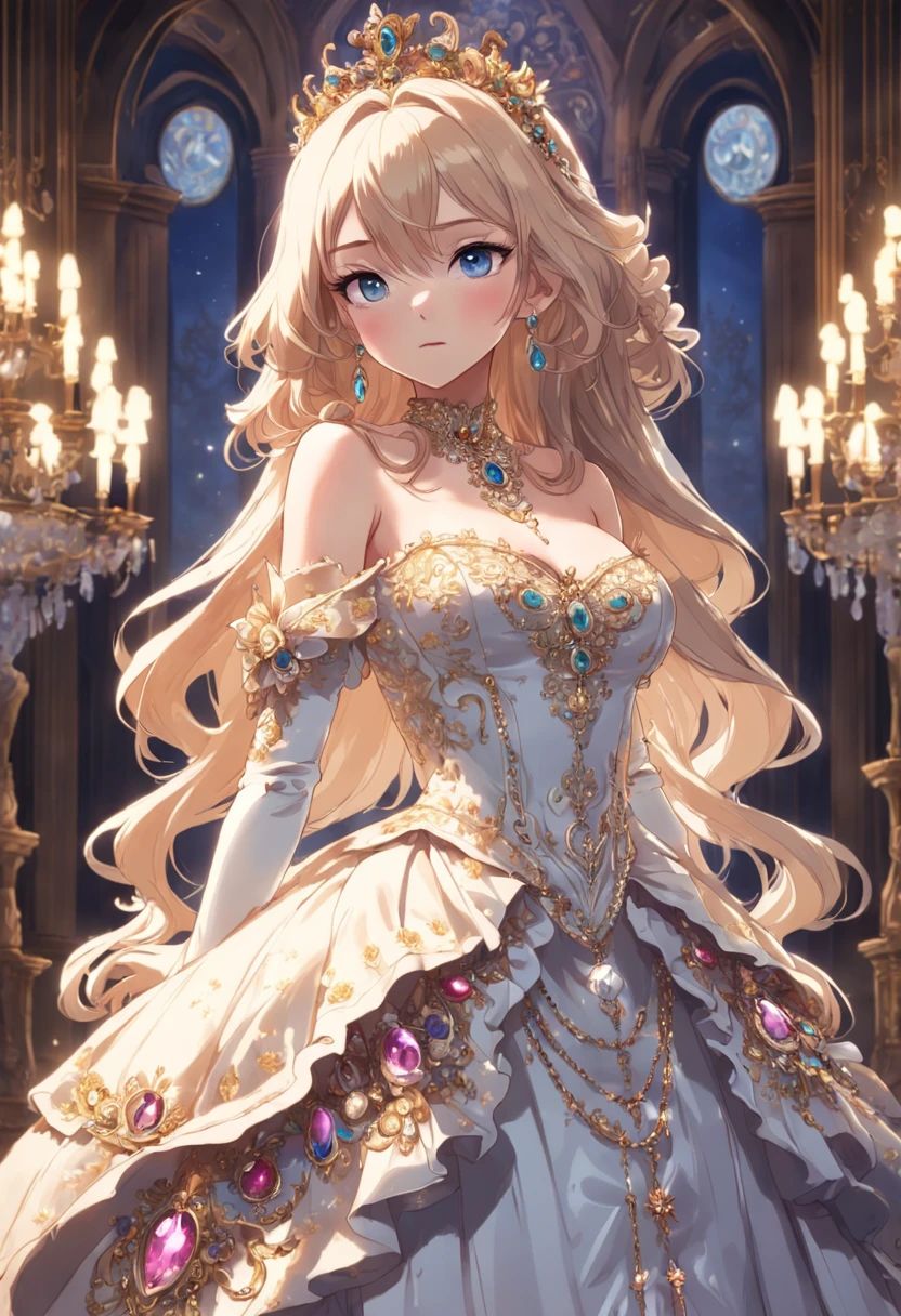 ((anime artstyle)),(Masterpiece),(Best Quality),(Super Detail),(Very Delicate and Beautiful),Solo,((full body,standing pose)),standing in the royal palace,((1 queen in jeweled gorgeous rococo ballgown with voluminous full length hoop skirt)),(crinoline),gorgeousfull embroidery,(gorgeous gemstone jewelry),(detailed face and eyes),jewel-like eyes,((large amount of straight hair,extremely Long voluminous Hair)),((gigantic tits,Long tits,skindentation)),gorgeousfull embroidery,cleavage,extremely gorgeousfull hair ornament,(bling-bling extremely gorgeousfull jeweled tiara),gorgeous corsage,(Dynamic Angle),Looking at viewer,((full body))