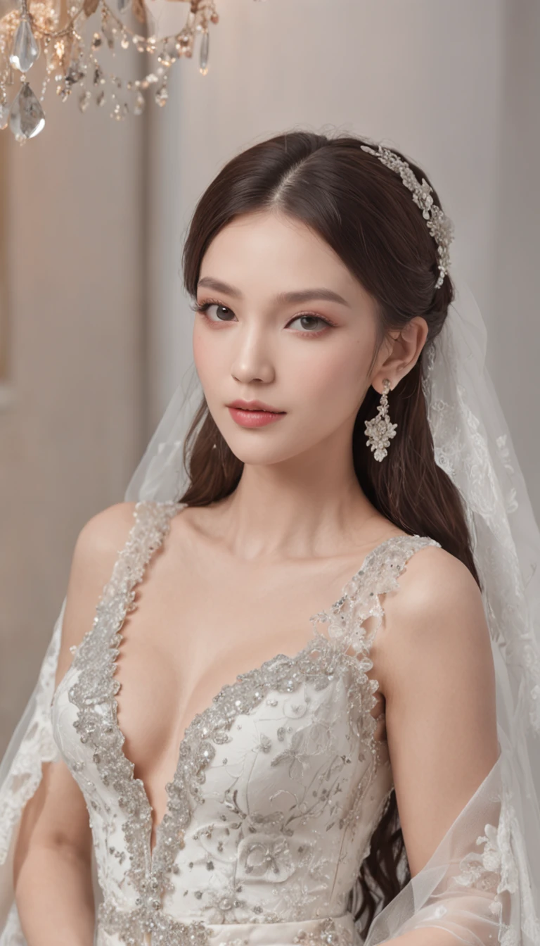 ((best qualtiy)), ((tmasterpiece)) Wedding princess dress, White petals, Delicate face,Brunette Asian, Portrait, Best quality (Perfect face:1.4), Ultra-realistic Highly detailed, Complex and realistic simulation style photos, Cinematic lighting, studio shoot, Elegant Pose