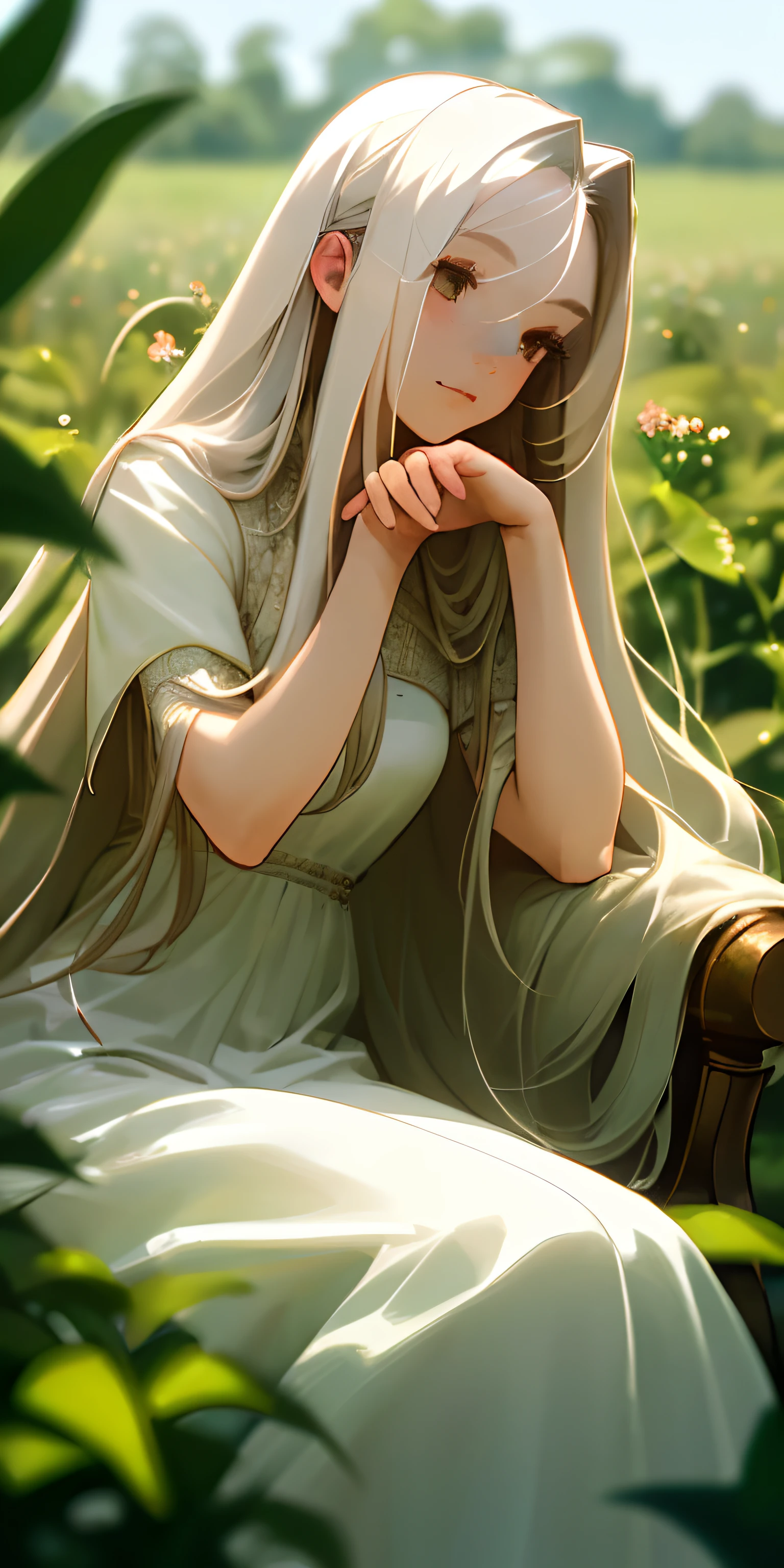 (masterpiece, best quality),1girl with long white hair sitting in a field of green plants and flowers, her hand under her chin, warm lighting, white dress, blurry foreground