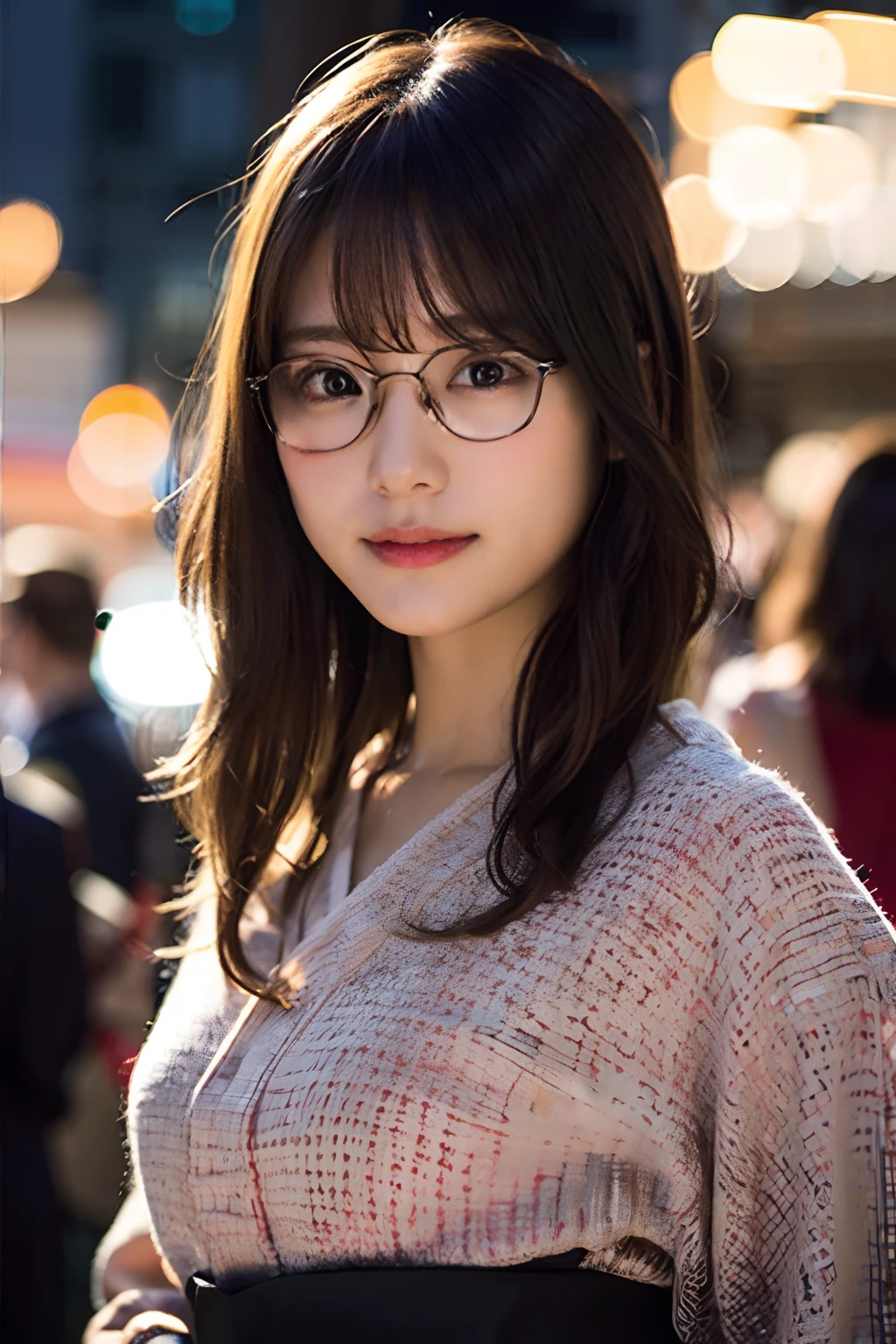 (8K、Raw photography、top-quality、​masterpiece:1.2)、(realisitic、Photorealsitic:1.37)、ultra-detailliert、超A high resolution、女の子1人、see the beholder、beautifull detailed face、A smile、Constriction、(Slim waist) :1.3)、Japanese Yukata、Beautiful detailed skin、Skin Texture、Floating hair、Professional Lighting、Fireworks Venue、Black-rimmed square glasses、Whole human body、Brown hair
