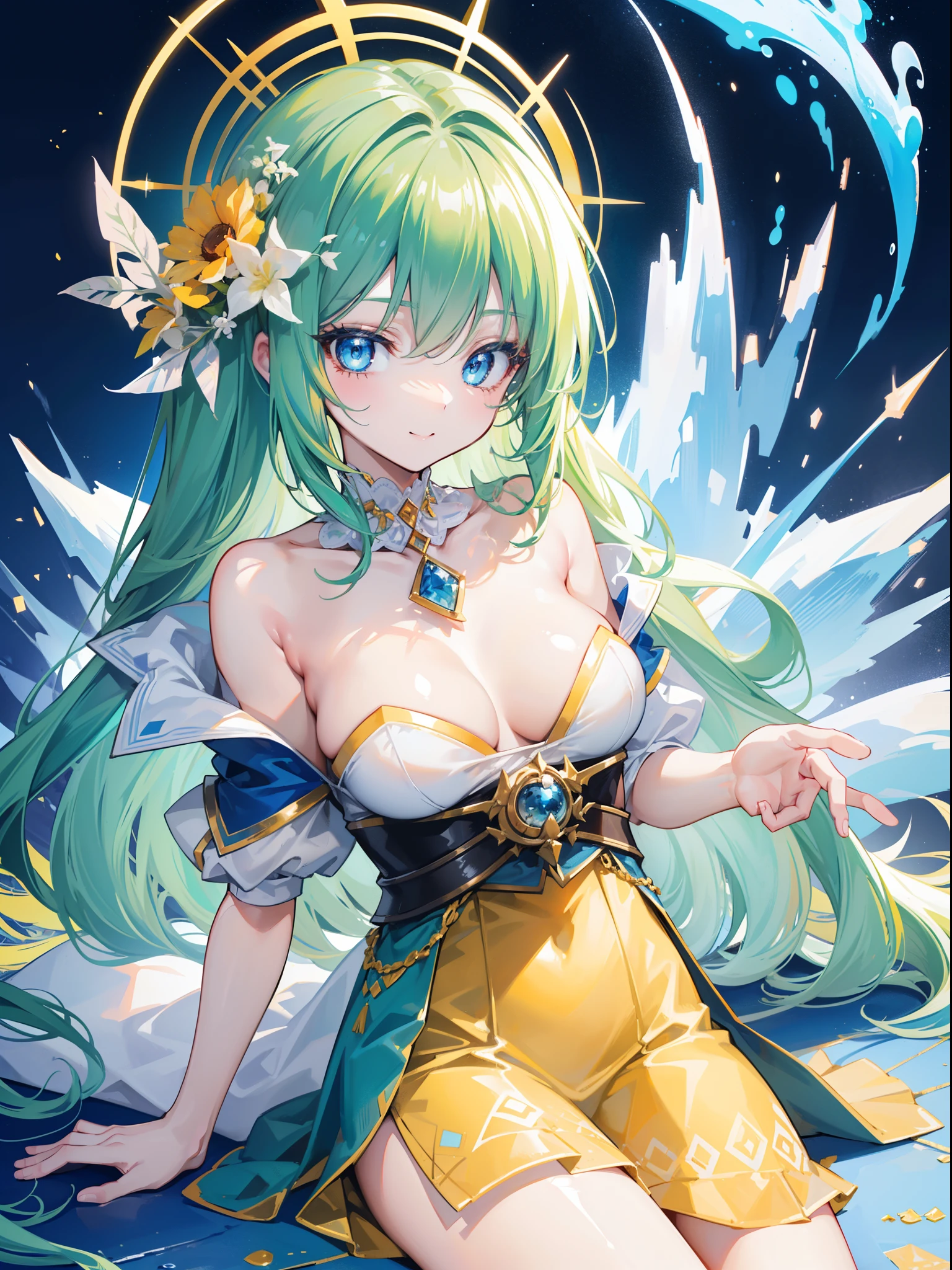 masterpiece、top-quality、超A high resolution、in 8K、break、Dark Magician Girl、MKSKS style、1 person、sitting on、(shave ice:1.7、Eating)、(1/There are 2 kinds of yellow、Yellow 1 kind/2 Green hair)、(1/2 white and 1/2 yellow dresses:1.2)、Detailed skin、glowy skin、A detailed eye、Blue eyes、Burning cheeks、Wearing makeup、A smile、Large breasts、bare-legged、break、(white bear:1.6、cute little、Laughing)、break、(highly detailed back ground:1.0)、(highly detailed back ground:1.0)