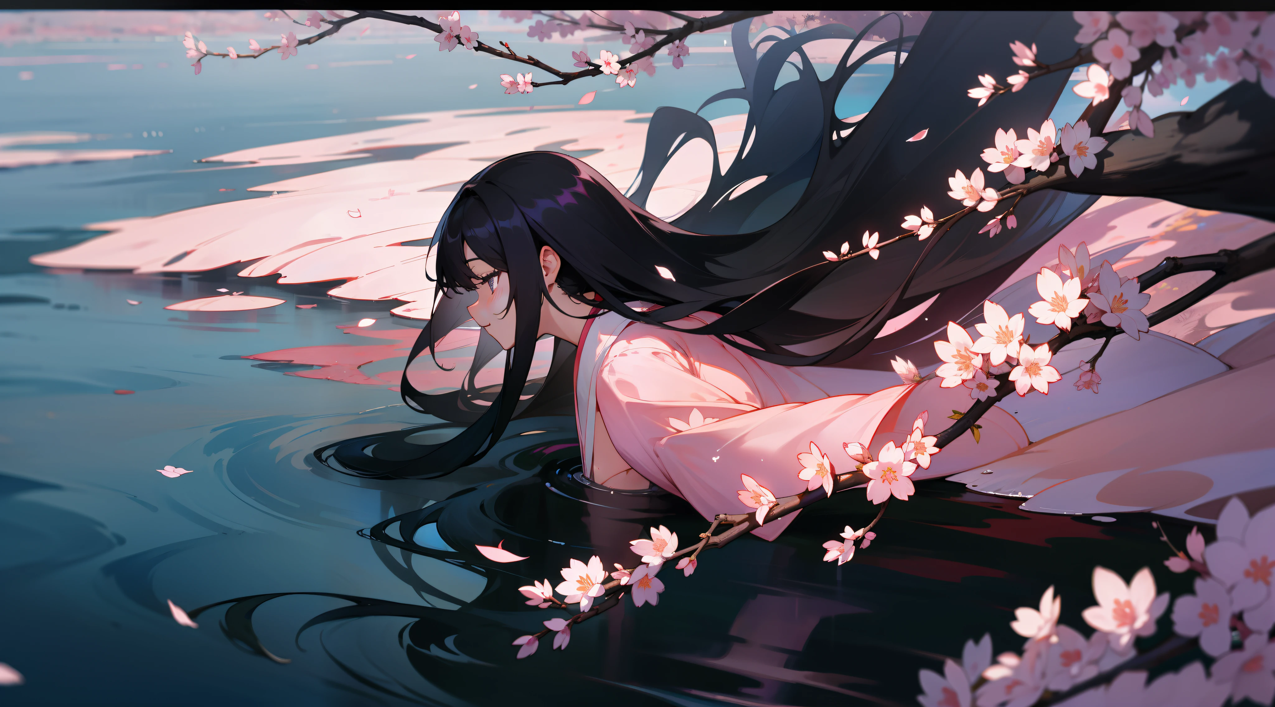 and the wind,Gorgeous erosion,花魁,Long black hair,sakura flowers falling,night scene,water glow
