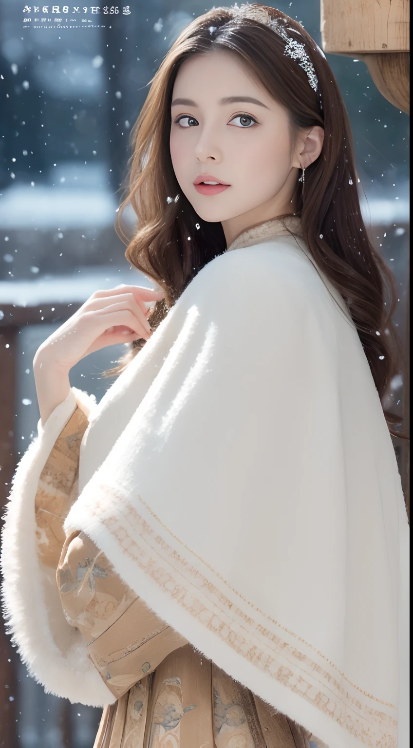 (Best quality, 8K, 32K, masutepiece, ), (High intaglio printing model),Photorealistic, high resolution, 1 Japan Women, Solo, (ta costume),Gorgeous costumes,Face the audience,(The upper part of the body,upper legs), beautidful eyes, Brown hair, ringed eyes, (outside,Heavy snowfall,Thick fur cape,Cover with snow),snowfield,Blue eyes,Illustrations of the highest quality,A meticulous face