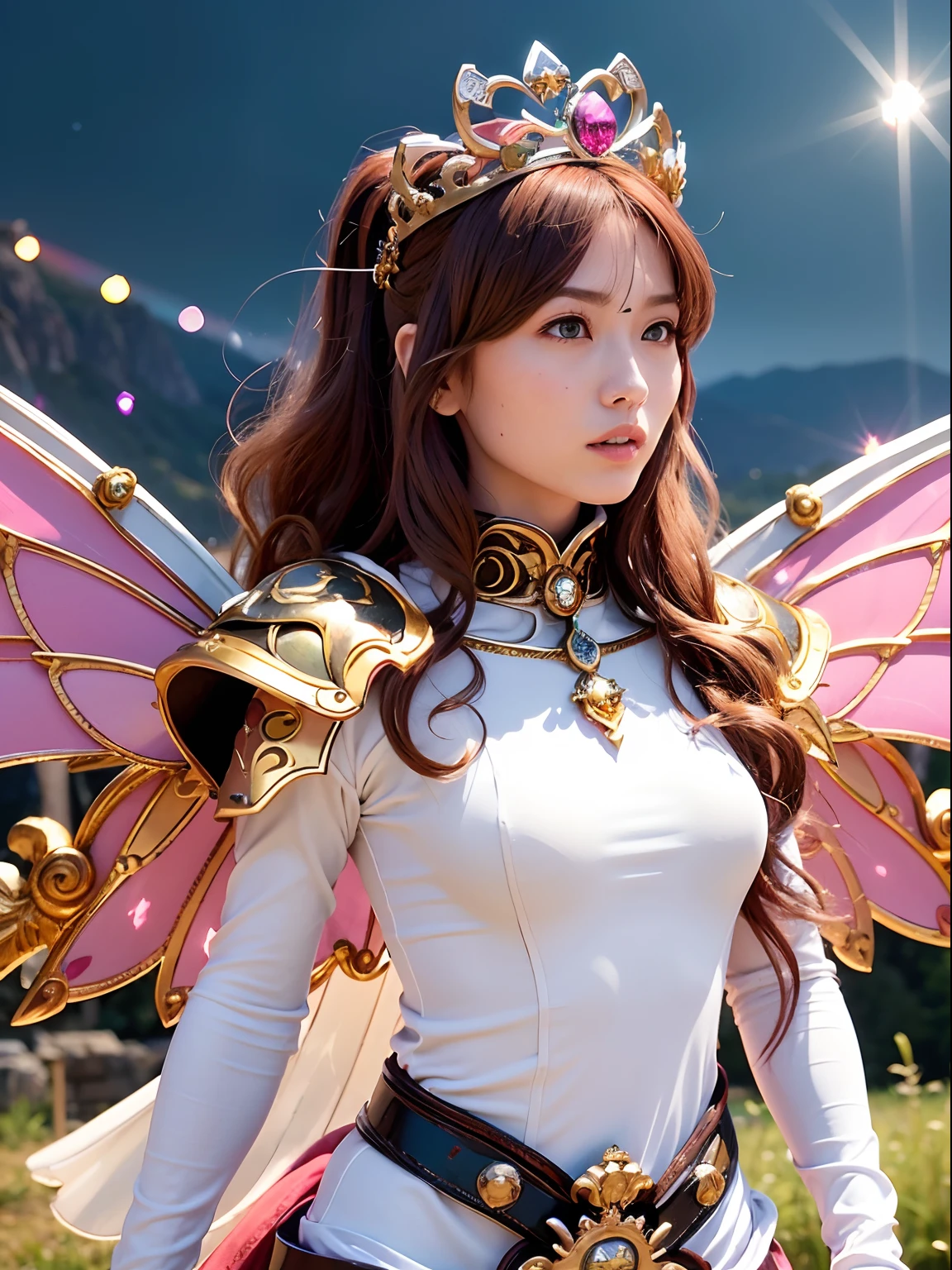 (masutepiece), Professional , masterpiece、top-quality、photos realistic , depth of fields (Gemstone Silver Metal Body:1.9),(Matt W White Pink、Jewel Gold Weapon、(Gorgeous castle background)、(ultimate beauty girl)、(Rainbow fairy wings grow)、Particles of light、(Metal body of iridescent gemstones:1.9),Gorgeous Jewel Metal Weapons , Detailed Sword of the Brave ,( a blond) ,warhammer 40k , adepta sororitas,Detail and ornate jewel crown、独奏、Brown hair、(Gangle's forest background)、Beautiful Caucasian beauty、1a person、dynamic ungle,(((Diamond tiara with detail and luxury)))、a small face、Powerful poses、(Gorgeous castle background)、huge filesize、20 year old beautiful woman、Stand in the center of the screen、Thin female fingers、Straight long hair、Beautiful Caucasian beauty、(maikurobikini)、Hair fluttering in the wind、face forwards、Look at viewers、(Armpit)、Armpit、