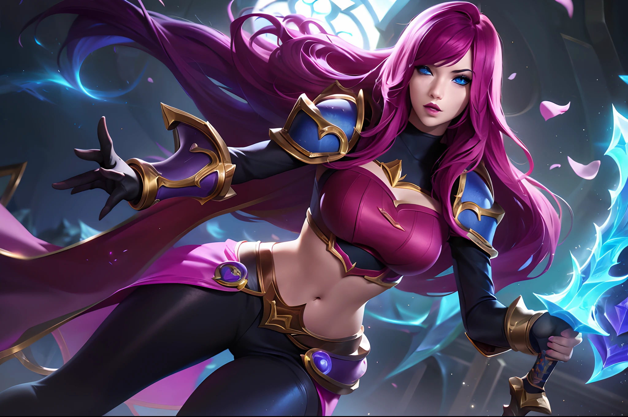 (League of Legends:1.5),  fiora, 1girl, solo, breasts, looking at viewer, short hair, bangs, blue eyes, gloves, holding, medium breasts, weapon, pink hair, red hair, multicolored hair, parted lips, pants, sword, indoors, cape, holding weapon, armor, hair over one eye, lips, petals, black pants, shoulder armor, gauntlets, pauldrons, stairs, rose petals