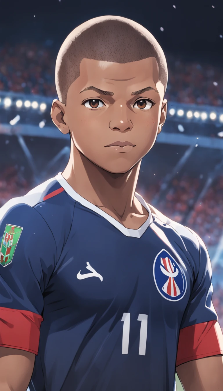 Kyllian Mbappe with the French national team jersey in anime style , Standard scenario , olhar fixo , (( imagem sem deformidades )) , best resolution , melhor qualidade , obra prima