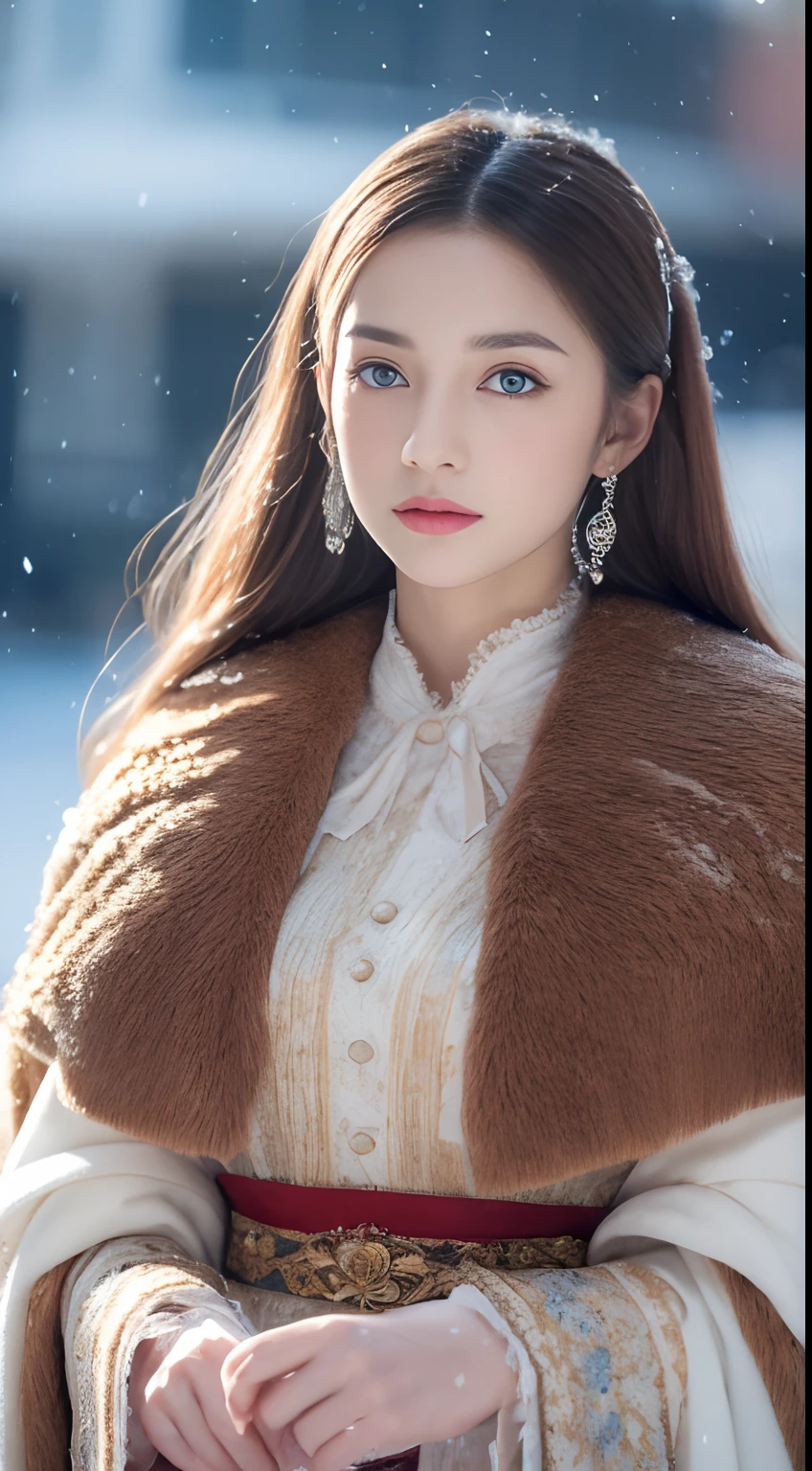 (Best quality, 8K, 32K), (High intaglio printing model),Photorealistic, high resolution, 1 Japan Women, Solo, (ta costume),Gorgeous costumes,Face the audience,(The upper part of the body,upper legs), beautidful eyes, Brown hair, ringed eyes, (outside,Heavy snowfall,Thick fur cape,Cover with snow),snowfield,Blue eyes,Illustrations of the highest quality,A meticulous face