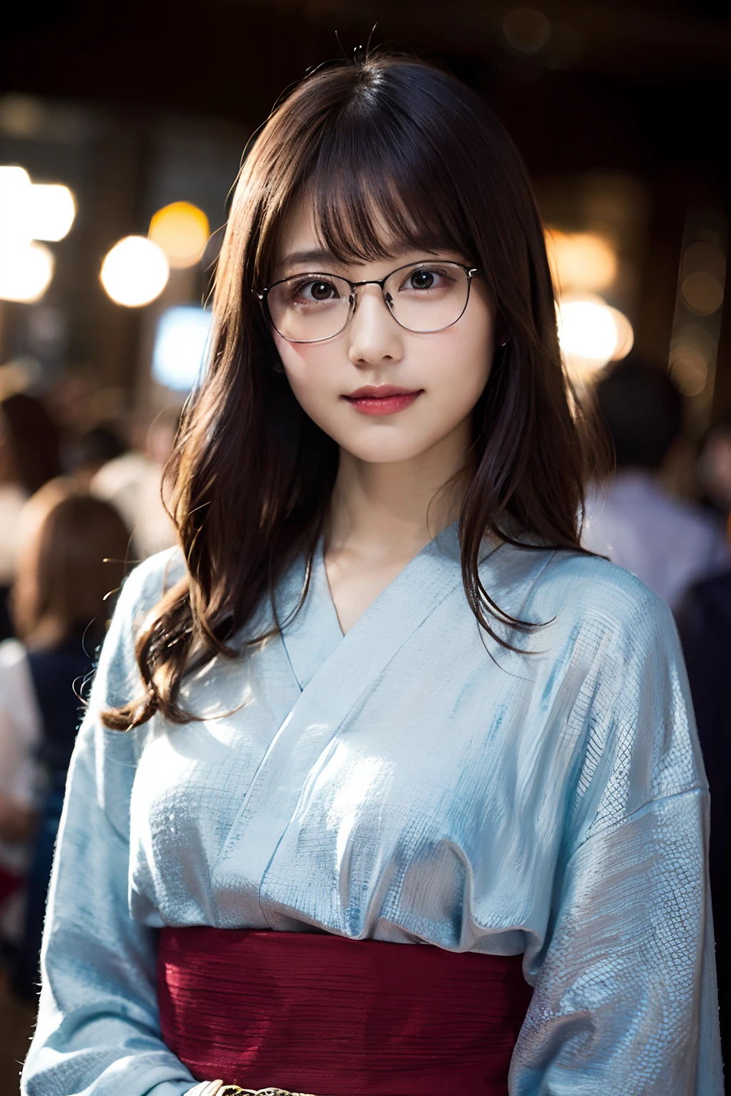 (8K、Raw photography、top-quality、masterpiece:1.2)、(realisitic、Photorealsitic:1.37)、ultra-detailliert、超A high resolution、1人、see the beholder、beautifull detailed face、A smile、Constriction、(Slim waist) :1.3)、Japanese Yukata、Beautiful detailed skin、Skin Texture、Floating hair、Professional Lighting、Fireworks Venue、Black-rimmed square glasses、Whole human body、Brown hair