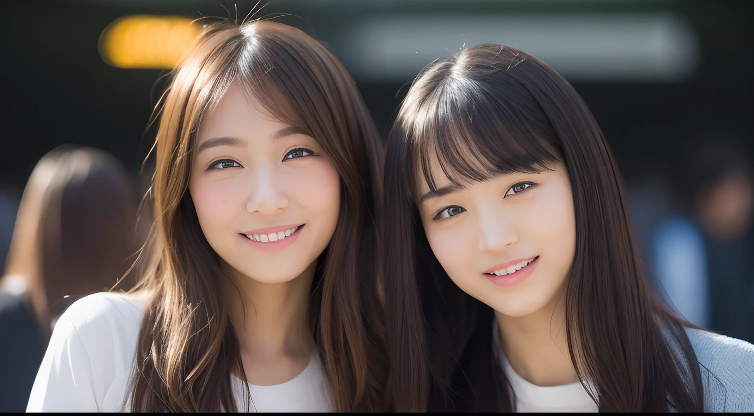 two asian women posing for a picture in a park, beautiful japanese girls face, beautiful gemini twins portrait, japanese facial features, two beautiful anime girls, two japanese schoolgirls posing, beautiful gemini twins, ayami kojima and lyde caldwell, young cute wan asian face, close up iwakura lain, closeup portrait shot, realistic young gravure idol