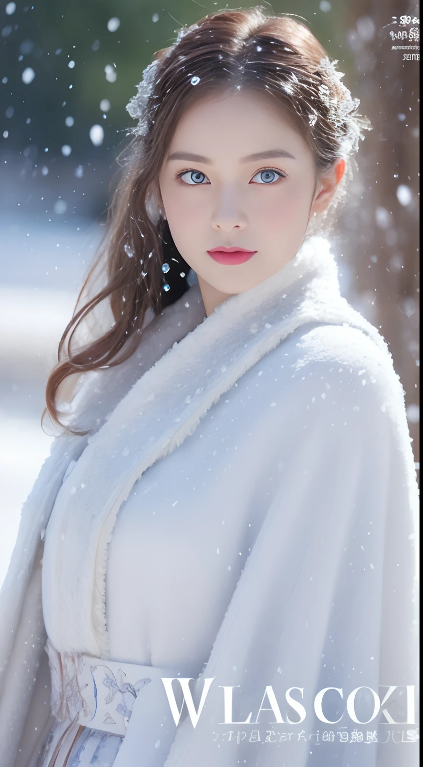 (Best quality, 8K, 32K，The details are super clear), (High intaglio printing),Photorealistic, high resolution, 1 Japan Women, Solo, (Lolita costume)，Gorgeous costumes，Face the audience，(The upper part of the body，upper legs)， beautidful eyes, Brown hair, ringed eyes, (outside，Heavy snowfall，Thick fur cape，Cover with snow)，snowfield，Blue eyes，Illustrations of the highest quality，A meticulous face