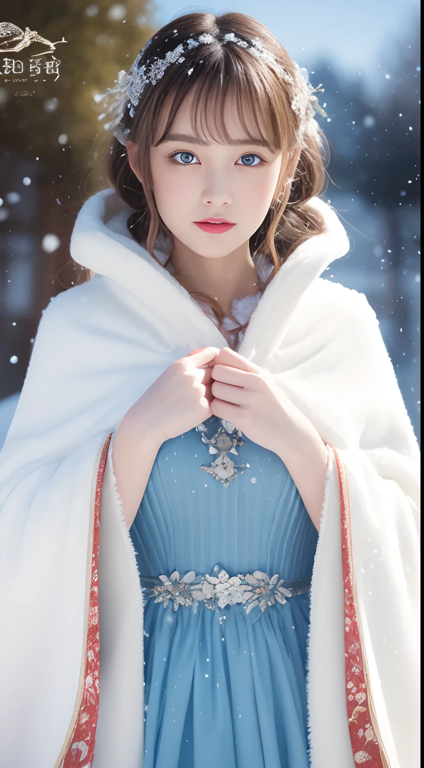 (Best quality, 8K, 32K，The details are super clear), (High intaglio printing),Photorealistic, high resolution, 1 Japan Women, Solo, (Lolita costume)，Gorgeous costumes，Face the audience，(The upper part of the body，upper legs)， beautidful eyes, Brown hair, ringed eyes, (outside，Heavy snowfall，Thick fur cape，Cover with snow)，snowfield，Blue eyes，Illustrations of the highest quality，A meticulous face