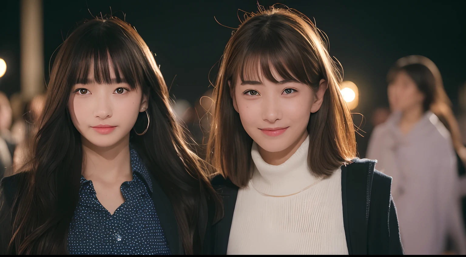 ((top-quality、8K、masterpiece:1.3))、(1girl in)、A smile、full body Esbian,Slim Faces、Pretty women、(dark brown hair)、Full-length dresses:1.1、hyperdetailed face、A detailed eye、二重まぶた、blured background、Slim Faces、城市、takeout、a street、japanes