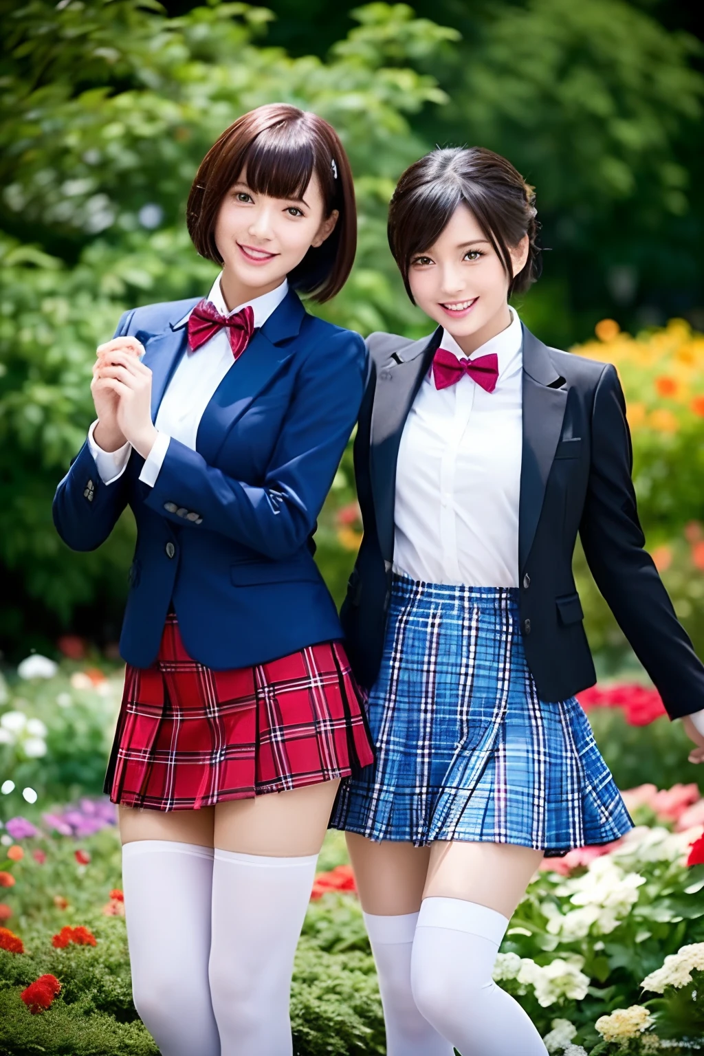 (two girls,duo,stroking),"Beautiful anime style female characters、Short blue hair、blue eyess、a smile、blazers、white shirt、red bowtie、Red plaid skirt、Figures wearing black stockings、Bouquet in hand、Scene of dancing in a summer flower garden。With high-quality portrayal and highest quality、Emphasis on the thighs、In the brilliant sunshine、The whole body shines、Draw a gorgeous picture。"