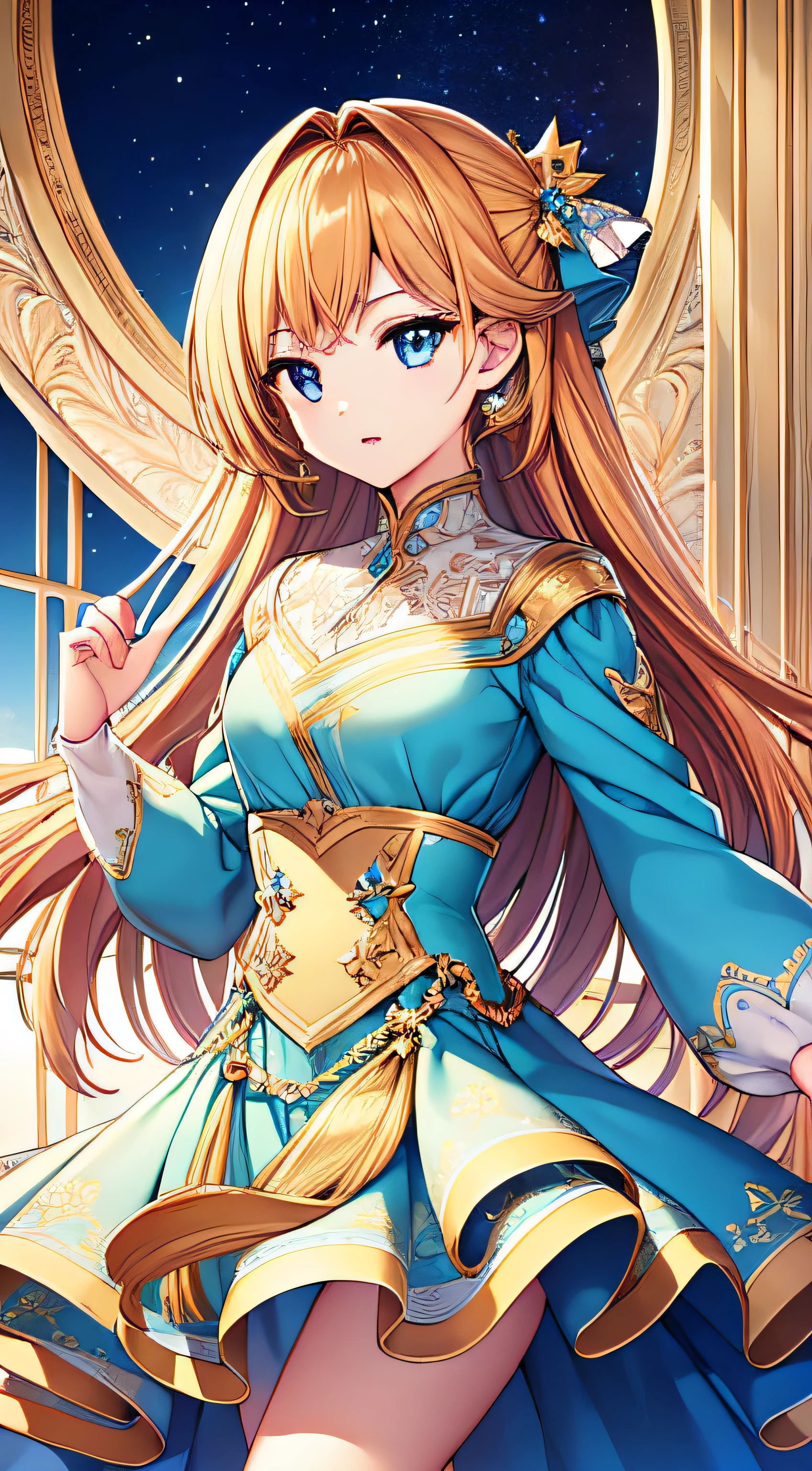 Girls' Dance、((top-quality))、((masterpiece))、(ighly detailed、highestdetailed、Official Art、Beautifully Aesthetic:1.2)、Golden decoration on blue dress、Less exposure、Precisely at your fingertips