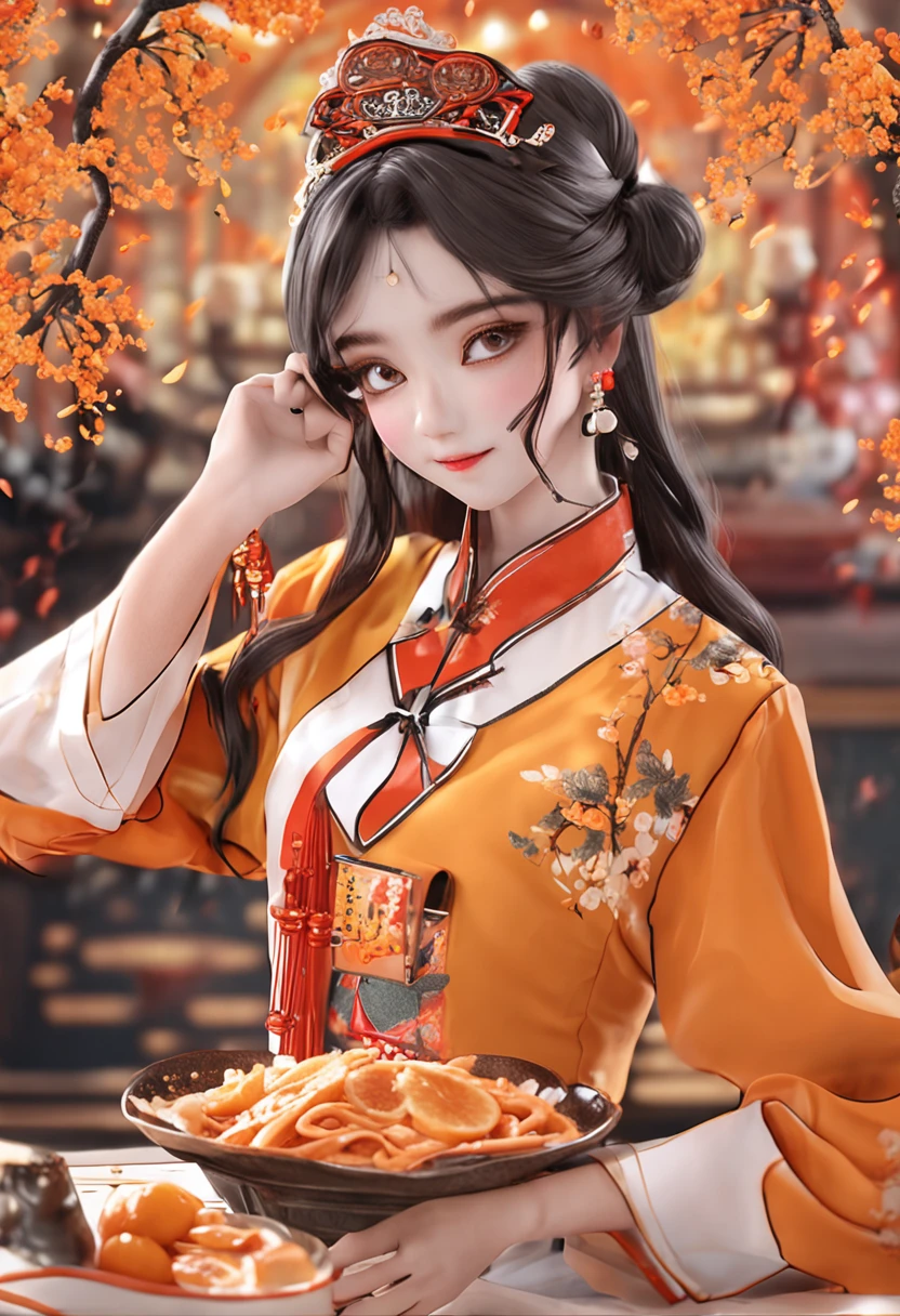 New Chinese costume matching,Orange and yellow food service industry girls' outfit。