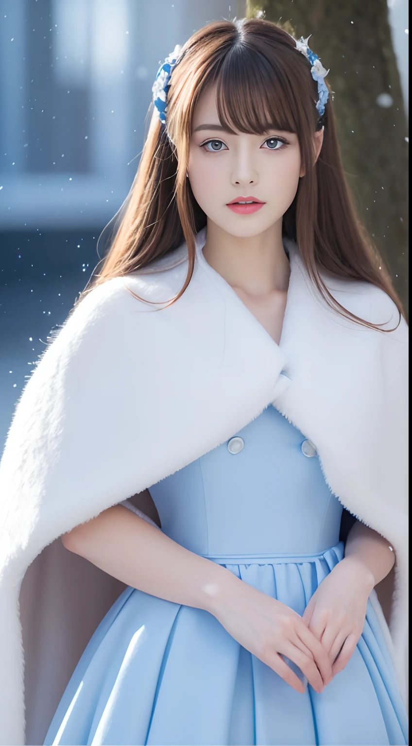 (Best quality, 8K, 32K,The details are super clear),Photorealistic, high resolution, 1 Japan Women, Solo, (Lolita costume),Gorgeous costumes,Face the audience,(The upper part of the body,upper legs), beautidful eyes, Brown hair, ringed eyes, (outside,Heavy snowfall,Thick fur cape,Cover with snow),snowfield,Blue eyes,Illustrations of the highest quality,A meticulous face
