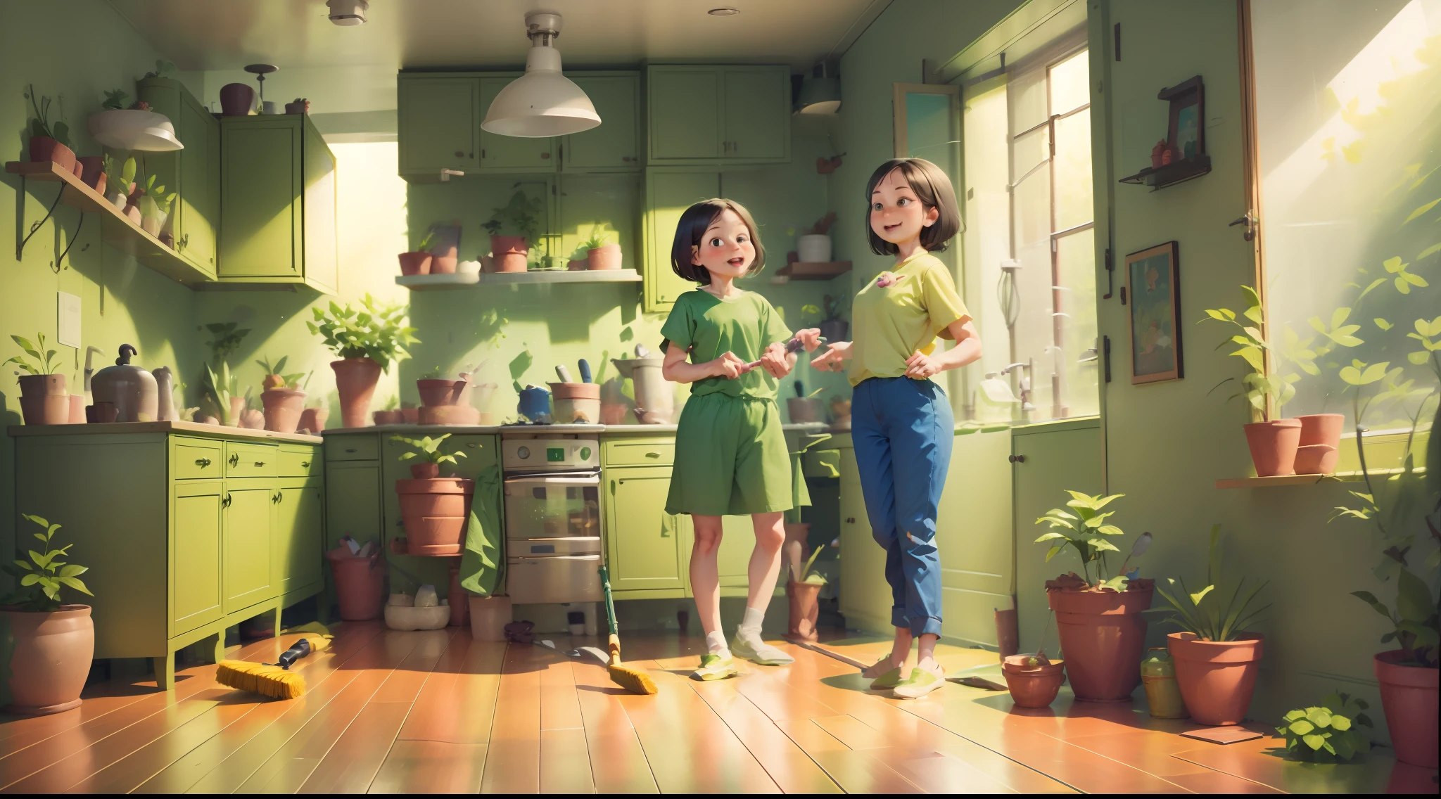 A woman dressed in green sweeps the floor with a broom,A woman dressed in green sprays disinfectant water,Modern apartment inside,Clean the floor,((Green clothes)),Cartoony,inside in room,adolable,illustratio,Maximalism,Vector illustration