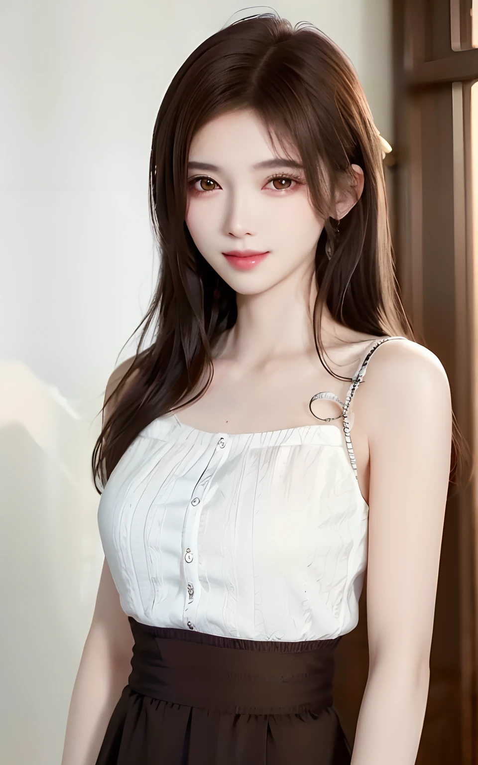Masterpiece, Best picture quality, High quality, Beautiful woman, Japanese, Detailed, Detailed eyes, Detailed skin, Beautiful skin, 超A high resolution, (reality: 1.4),Very beautiful, Slightly younger face, Beautiful skin, Slender, (Ultra photo realsisim), (A high resolution), (8K), (Very detailed) (Beautifully detailed eyes), (Super detailed), (the wallpaper), (Detailed face), view the viewer, Fine details, Detailed face, Smiling, Staring straight ahead, Staring straight ahead, angle from waist up, Realistic photo, Bright lighting, Professional lighting, Mature woman, (Brown hair, bob hair, layer cut, Swaying in the wind, bangs),