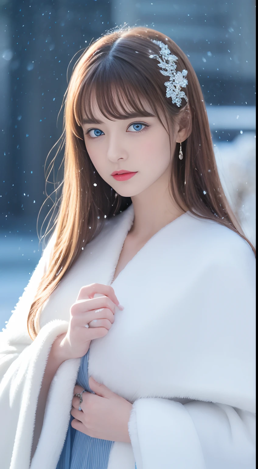 (Best quality, 8K, 32K，The details are super clear),Photorealistic, high resolution, 1 Japan Women, Solo, (ta costume)，Gorgeous costumes，Face the audience，(The upper part of the body，upper legs)， beautidful eyes, Brown hair, ringed eyes, (outside，Heavy snowfall，Thick fur cape，Cover with snow)，snowfield，Blue eyes，Illustrations of the highest quality，A meticulous face