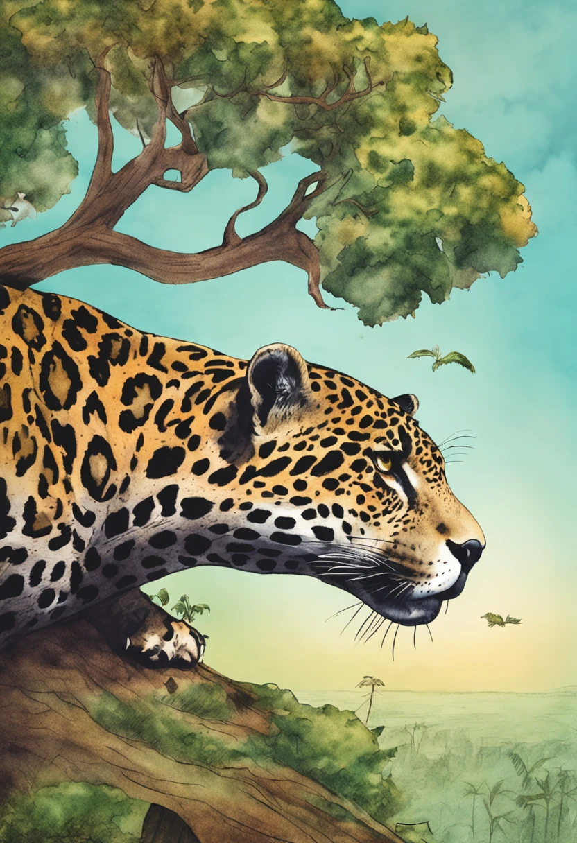 Jaguar on top of a tree, pintura, aquarela, desenho disforme, surrealista