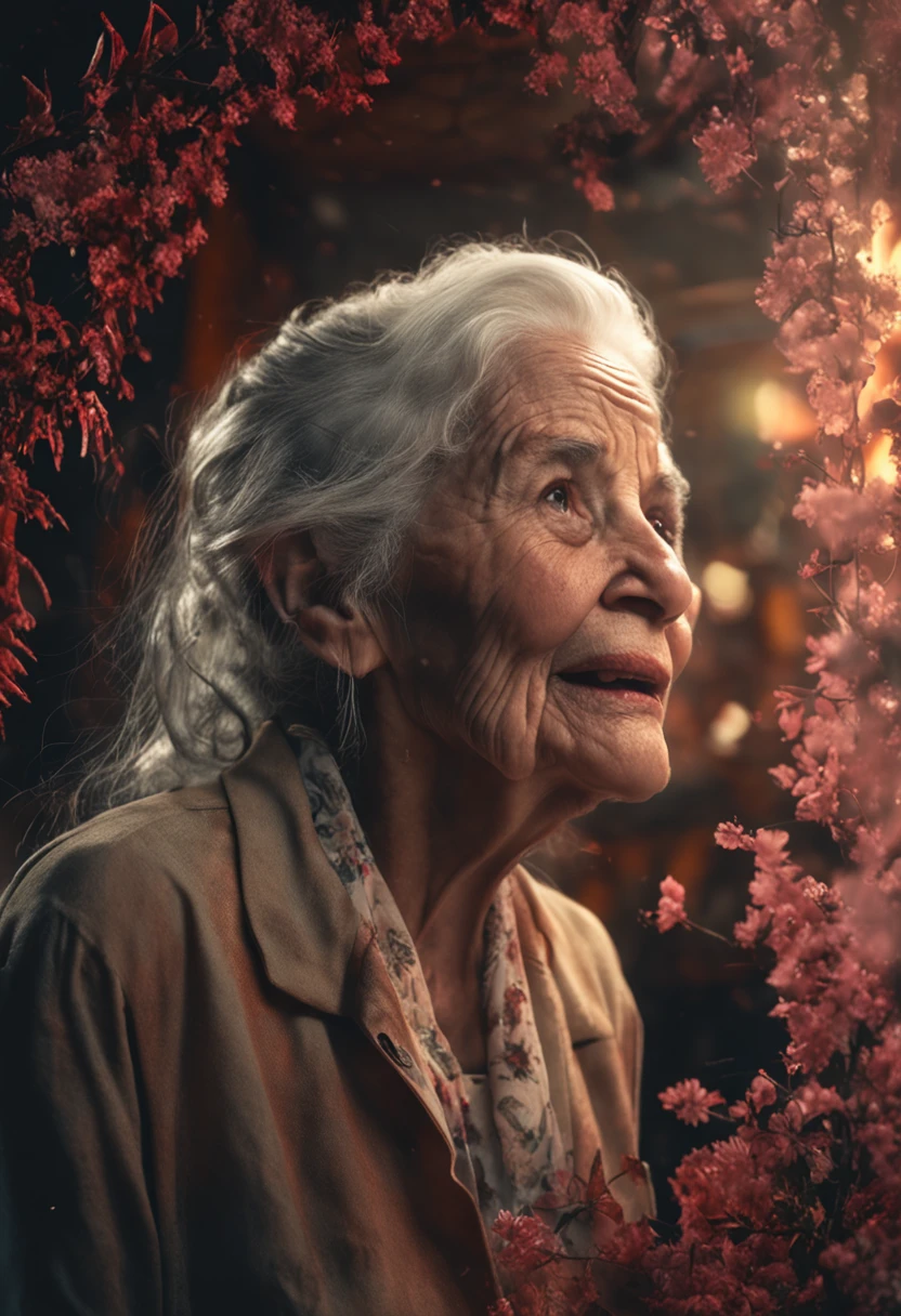 An old woman with a wrinkled face,White-haired childlike