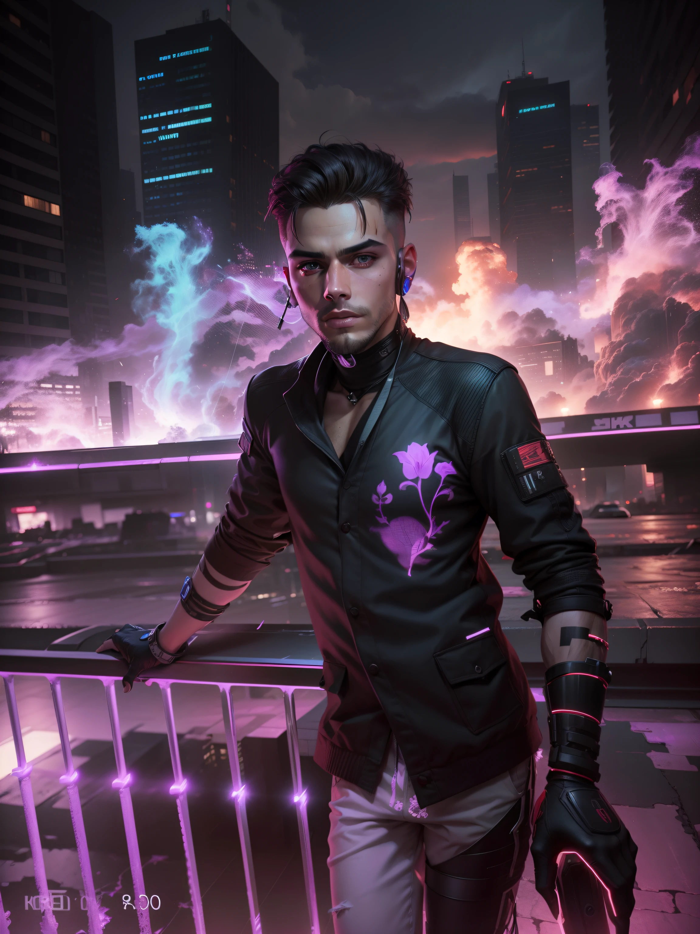 Change background cyberpunk handsome boy. Realistic. Face. 8k ultra realistic.