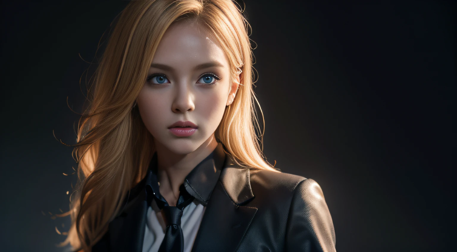 Best quality, masterpiece, ultra high res, (photorealistic:1.4), raw photo, 1girl, blonde hair, blue eyes, detailed eyes and face, black suit, dynamic lighting, in the dark, deep shadow, low key, cowboy shot full-lenght body