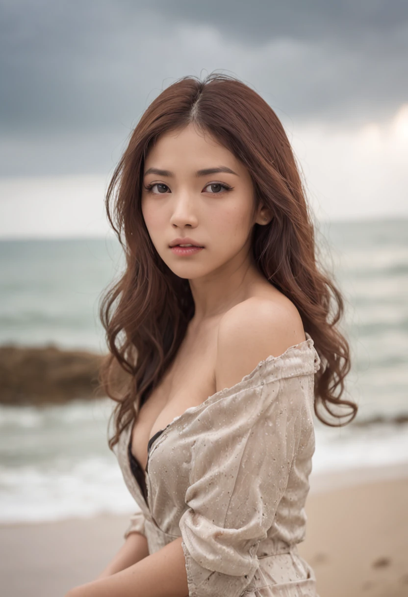 Photo of sad sexy girl on the beach, , lare breasts, toppless, bare bottom, Cloudy sky, Lightning in the cloud of explosion, saddened, Petite, Indian Face, Perfect body, Perfect round medium, Beautiful face, An majestic, Beautiful, Goddess, unbelievable, Fear and erotic look on her face, long curly hair, Storm, Complex positioning, big sky, Realistic, Detailed, masutepiece, Extra film grain, Professional Lighting, Professional Photography, Neutral colors, Muted colors, natural soft light, photographrealistic, Good composition, 4K, High Definition、One lady、((Asian NG))、American girl 18 years old