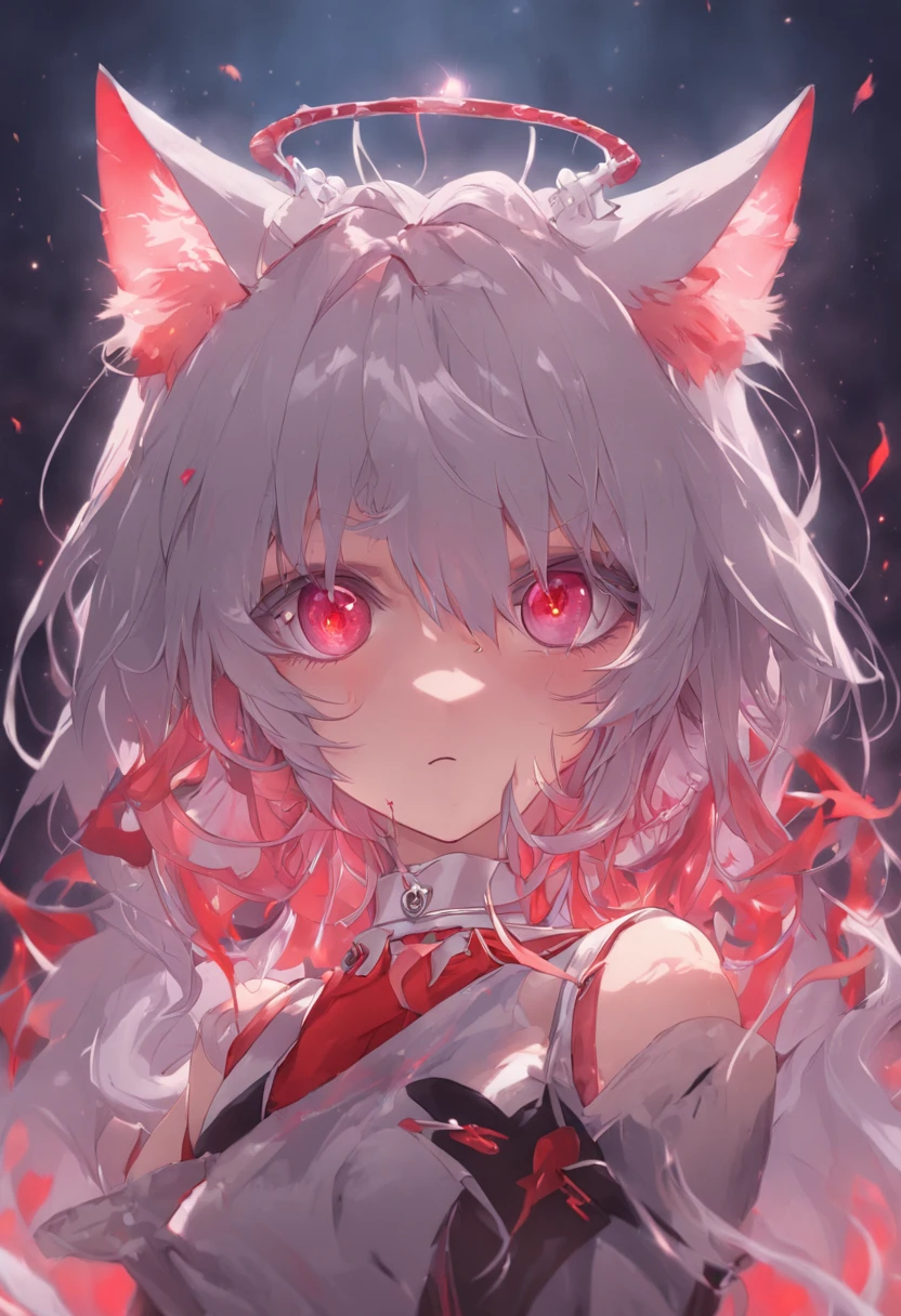 White hair, Halo, devil horns, Heart-shaped pupils, Mad eyes, Red eyes, Cat ears, torogao, fang out, Anime style, hyper HD, retinas, ccurate, Masterpiece, Anatomically correct, Textured skin, Super detail, High details, High quality, Award-Awarded, Best quality, A high resolution, 16k