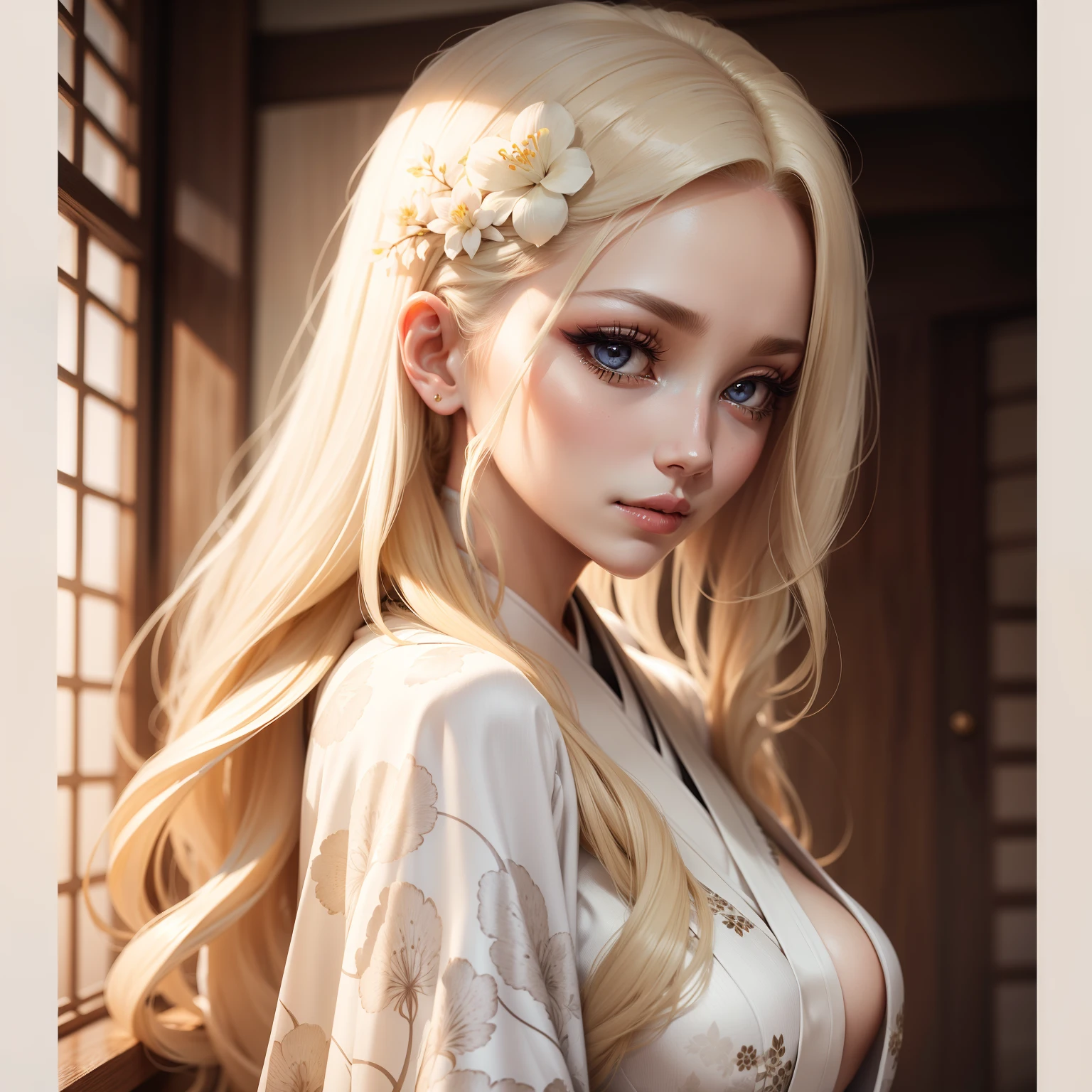 Outstanding woman in style with long blonde hair and long eyelashes wearing white patterned kimono is posing provocatively