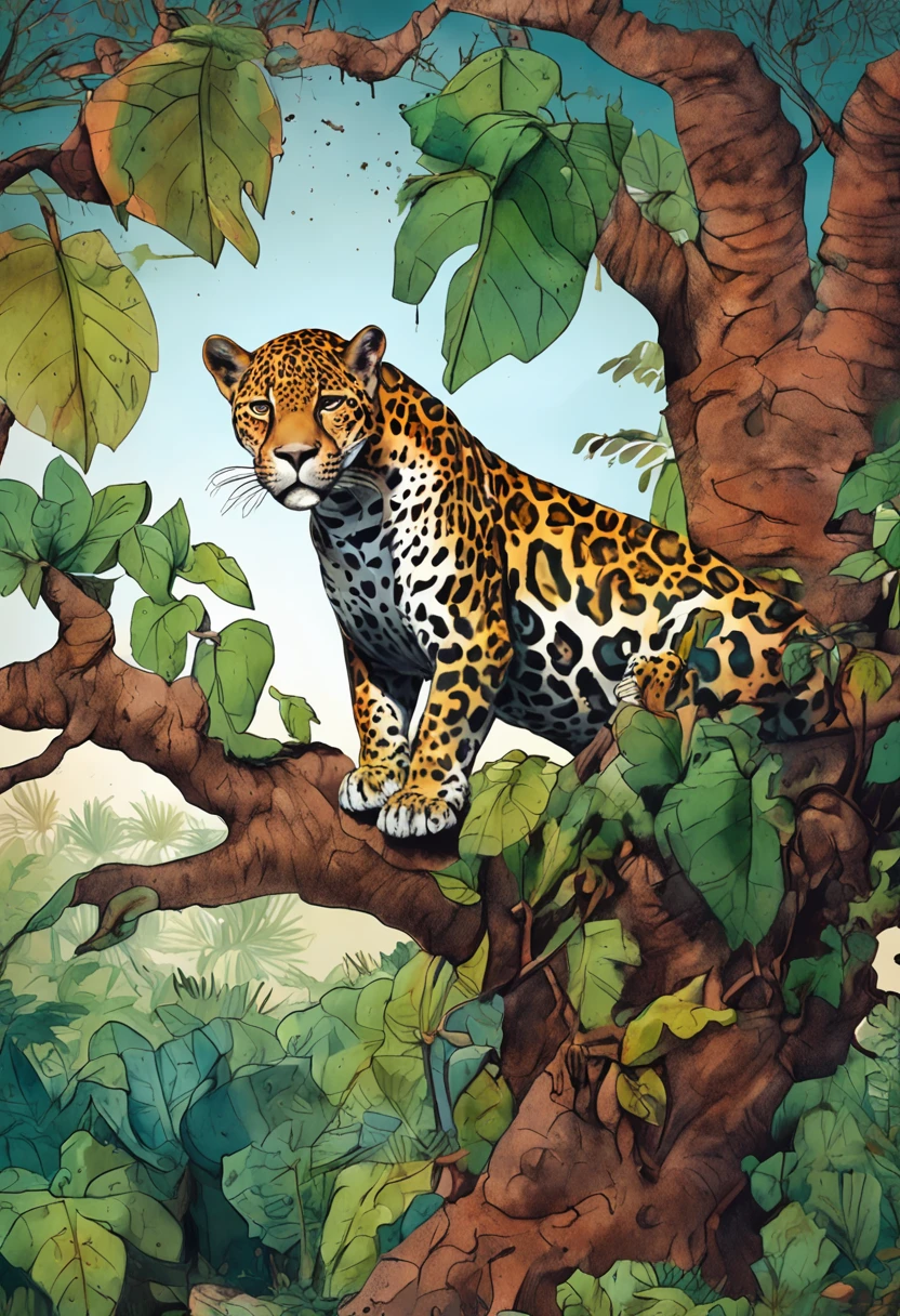 Jaguar on top of a tree, pintura, aquarela, desenho disforme, surrealista