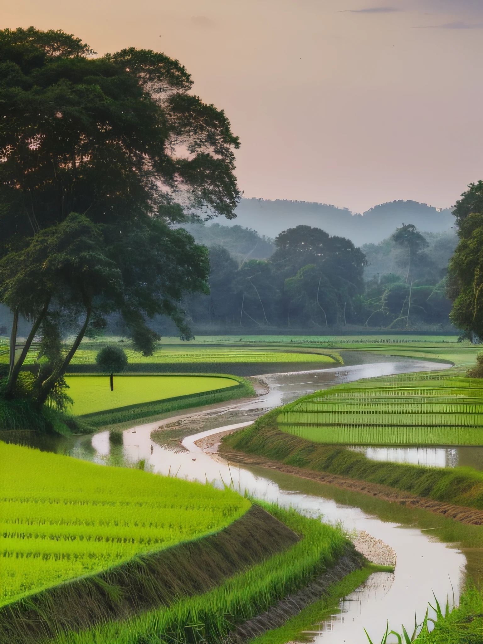 Bangladeshi village, (paddy field), (jute field), (farmer working in the field), (river beside the field), (huts and houses under the big trees), (mountains are far away), ((highly detailed)), (realistic), ((8k ultra hd))