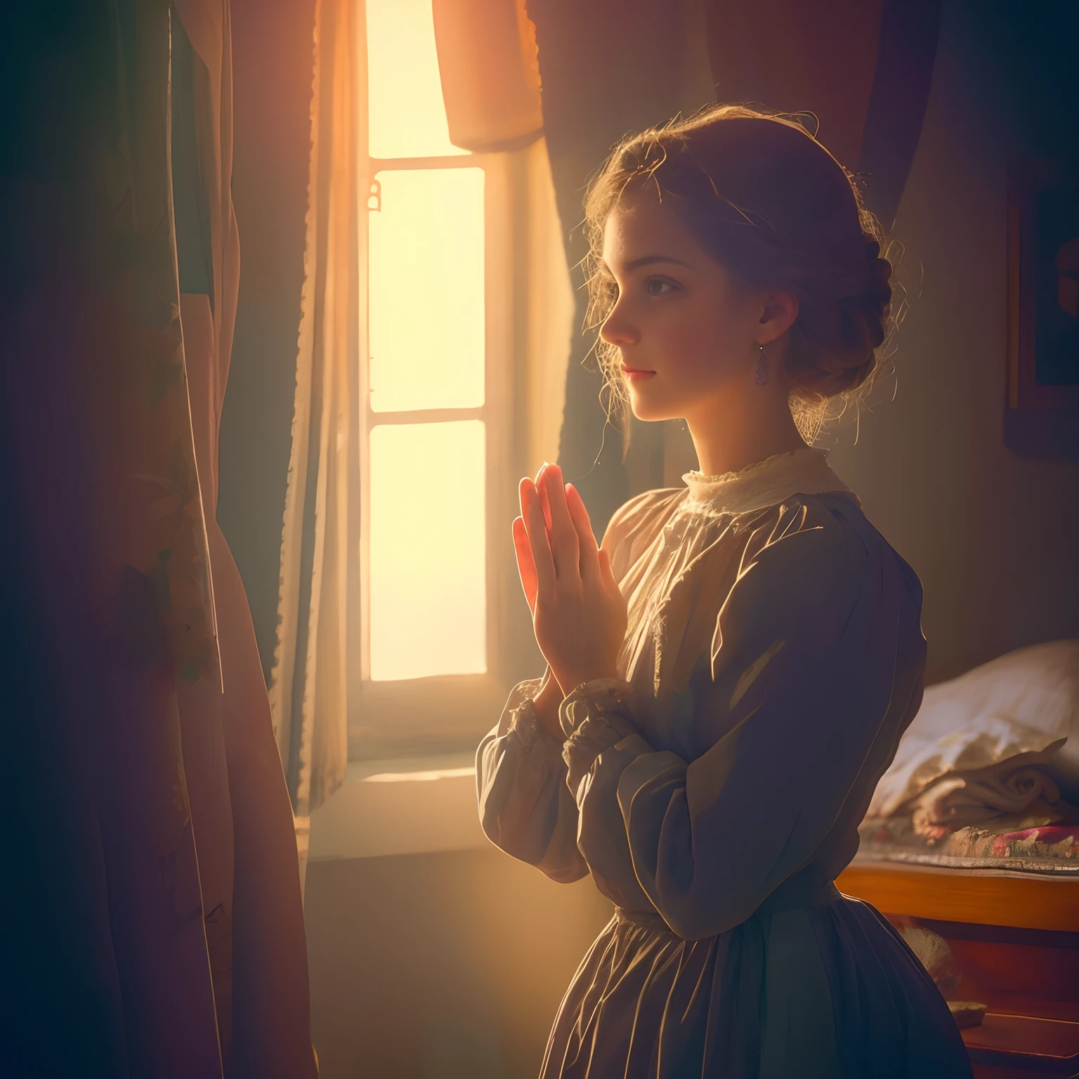 There is a girl in front of a window with her hands together, banhado em luz dourada, Uma bela vitoriana, Senhora Vitoriana, Luz bonita de Rembrandt, luz suave da janela, summer morning light, cinematic morning light, foto realista