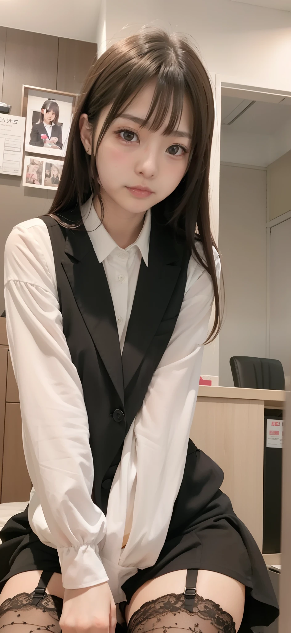 ((masutepiece)), ((Best Quality)), (Ultra-detailed), ((kawaii)), Cute, (lovely), ((Sexy)), (Ero), ((Extremely detailed)), 4K, (8K), Best Quality, (Beautiful), Full body, full body focus, Office, a cute Japanese girl, 1 Japan Girl, Solo, Suit, Transaction service,Beautiful light brown hair, Beautiful brown eyes, ((Beautiful eyes)), White-skinned, Long hair, flat breast, tiny chest, Black Garter Belt, ribon, Ashamed,Thin pink lips