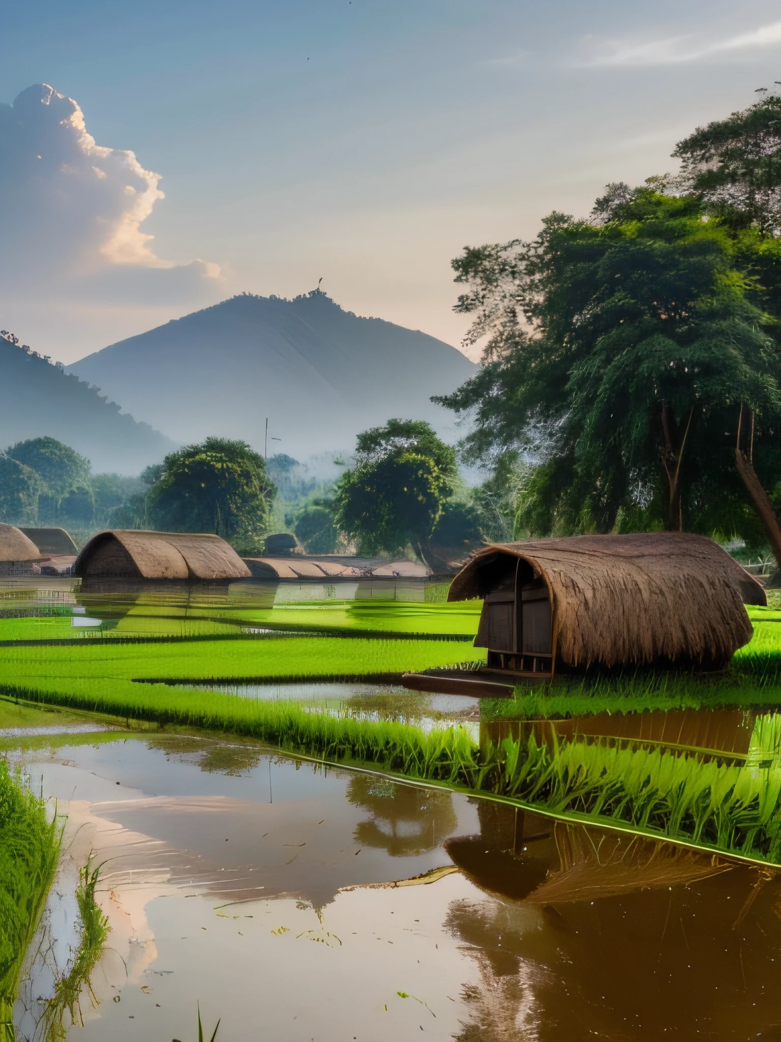 Bangladeshi village, (paddy field), (jute field), (farmer working in the field), (river beside the field), (huts and houses under the big trees), (mountains are far away), ((highly detailed)), (realistic), ((8k ultra hd))
