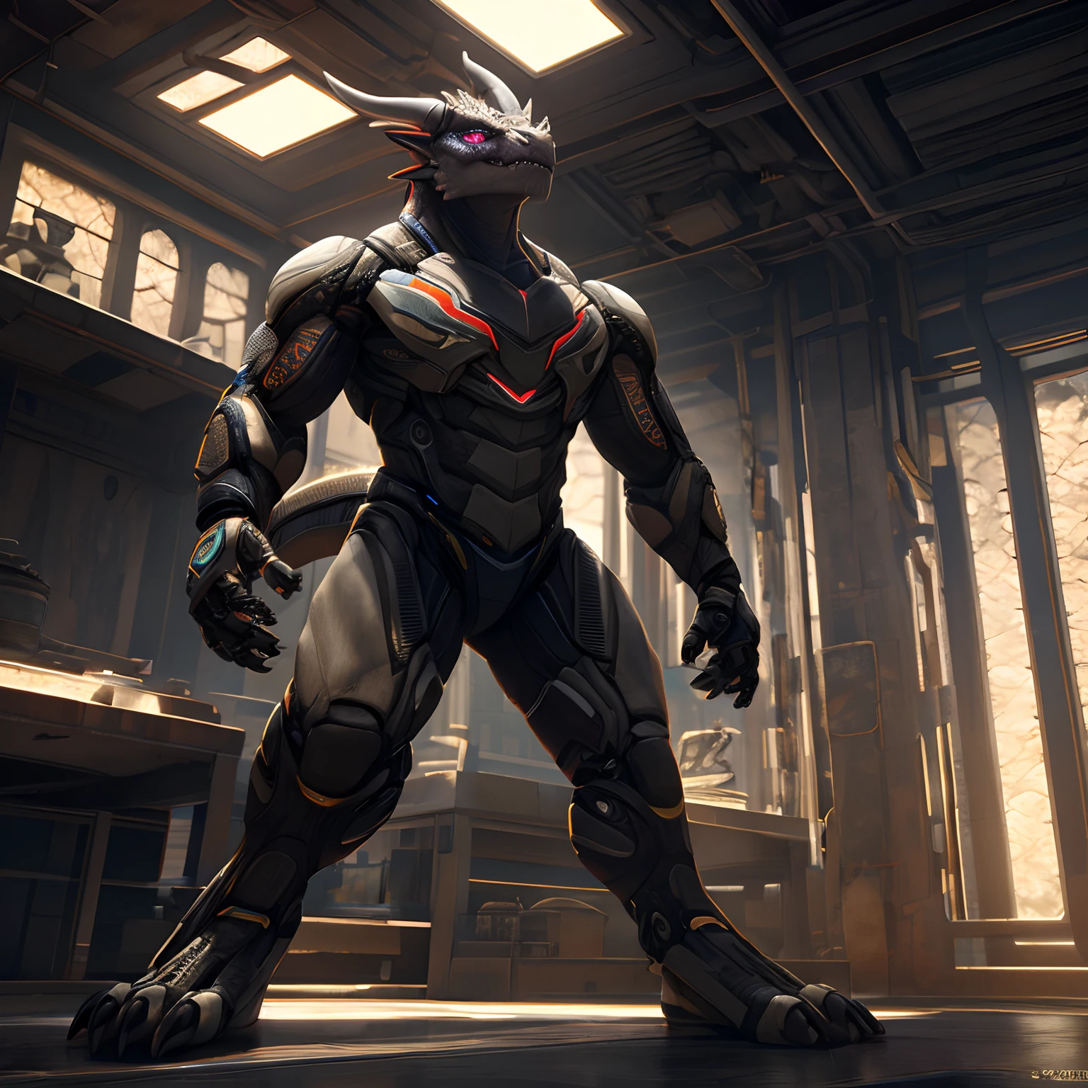 An advanced bionic mech, cybrog, anthro, dragon, female, full body, Muscle, Delicate face, Delicate eyes, 1 tail, (glowing LED), energy, digitigrade,inside in room, extremely detailed CG unity 8k wallpaper, realistic, masterpiece, highest quality, lens flare, unreal engine, trending on ArtStation, Intricate, High Detail, dramatic, realism, beautiful and detailed lighting, Sandals