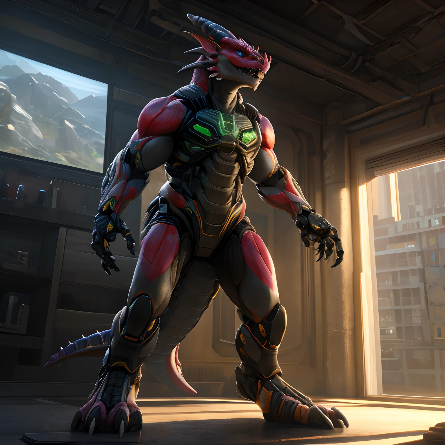 An advanced bionic mech, cybrog, anthro, dragon, female, full body, Muscle, Delicate face, Delicate eyes, 1 tail, (glowing LED), energy, digitigrade,inside in room, extremely detailed CG unity 8k wallpaper, realistic, masterpiece, highest quality, lens flare, unreal engine, trending on ArtStation, Intricate, High Detail, dramatic, realism, beautiful and detailed lighting, Sandals