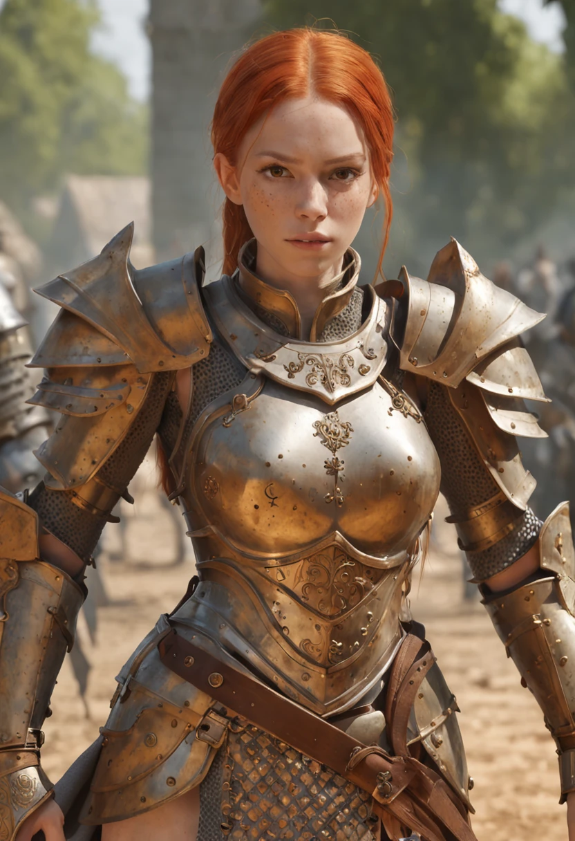 Detailed illustration of female ginger divine paladin wearing full plate armor, armadura fortemente danificada, ficar triste em um campo de batalha, Campo de batalha em chamas como pano de fundo, sujeira, misery and decay, ambiente escuro, Arte por Mschiffer, cores tetradicas, ::style medieval, ::n_style deformed hands, rosto feio, rosto deformado, bad quality, pintura digital, objetos deformados, membros extras, imagem ruim