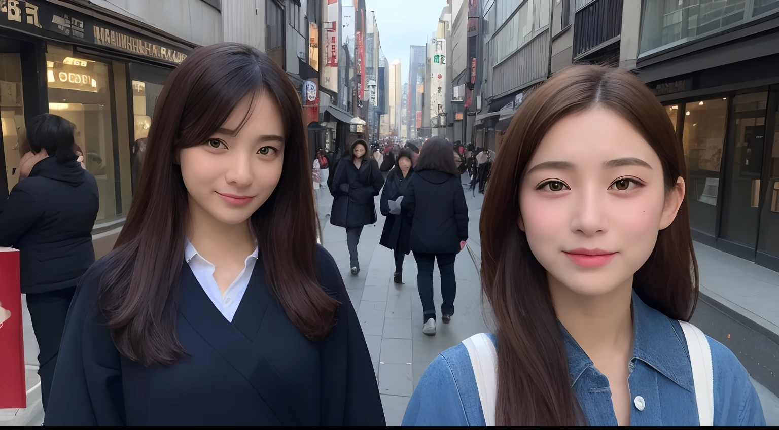 ((top-quality、8K、​masterpiece:1.3))、(1girl in)、A smile、full body Esbian,Slim Faces、Pretty women、(dark brown  hair)、Full-length dresses:1.1、hyperdetailed face、A detailed eye、二重まぶた、blured background、Slim Faces、城市、takeout、a street、japanes