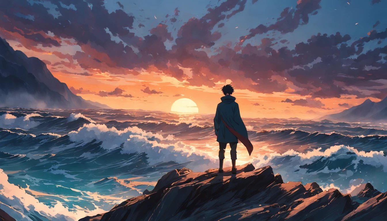 A 30-year-old man from behind on the edge of a mountain facing rough seas at sunset
