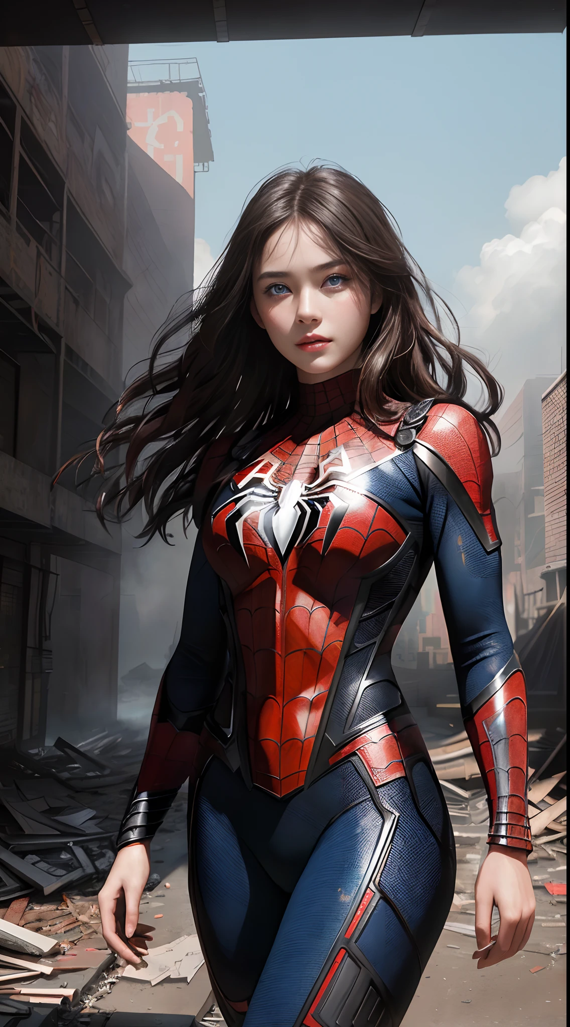 (1girl:1.3), solo, (((extremely detailed face))),(((extremely detailed eyes and face))),beautiful detailed eyes,body-parts__, official art, unified 8k wallpaper, super detailed, beautiful and aesthetic, beautiful, masterpiece, best quality, raw, masterpiece, super fine photo, best quality, super high resolution, photorealistic realism, sunlight, full body portrait, amazing beauty,, dynamic pose, delicate face, vibrant eyes, (from the front), she is wearing a Spider-man suit, red and black color scheme, spider, very detailed abandoned warehouse background, Detailed face, detailed complex busy background, messy, gorgeous, milky white, highly detailed skin, realistic skin details, visible pores, sharp focus, volumetric fog, 8k uhd, DSLR, high quality, film grain, fair skin, photo realism, lomography, huge metropolis in future dystopia, seen from below, translucent